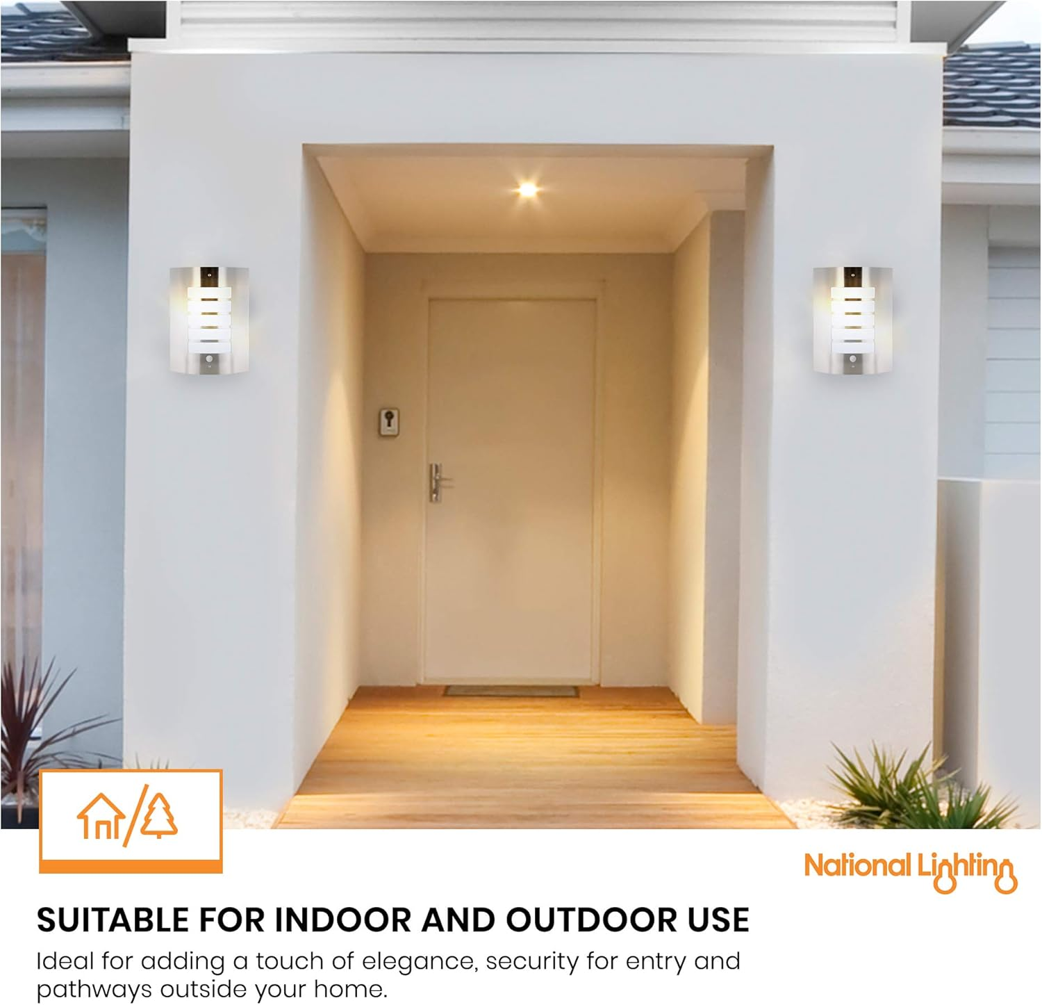 Bianco Stainless Steel and Frosted Opal Lens Curved IP44 Rated PIR Motion Sensor Outdoor Garden Wall Mounted Security Light