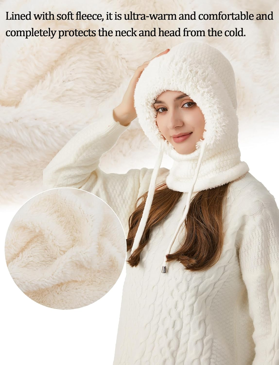 KEOYA Women'S Knit One-Piece Hat with Scarf Elastic Face Mask Fleece Balaclava with Drawstring Winter Warm Ski Beanie Cap image number 2