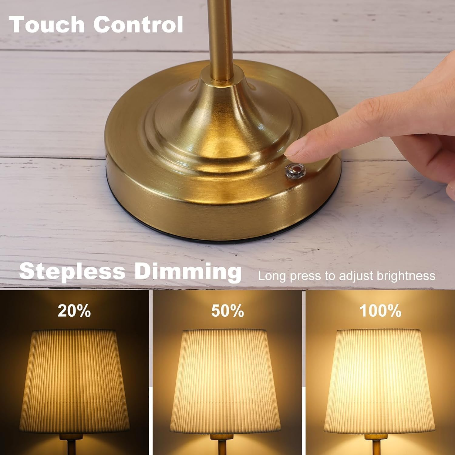 Rechargeable Cordless Table Lamp 5200Mah - 3 Brightness Touch Dimmable Gold Lamp with Fabric Lampshade (40Cm) | Perfect for Nightstand, Bedroom, Kitchen, Living Room (2) image number 3