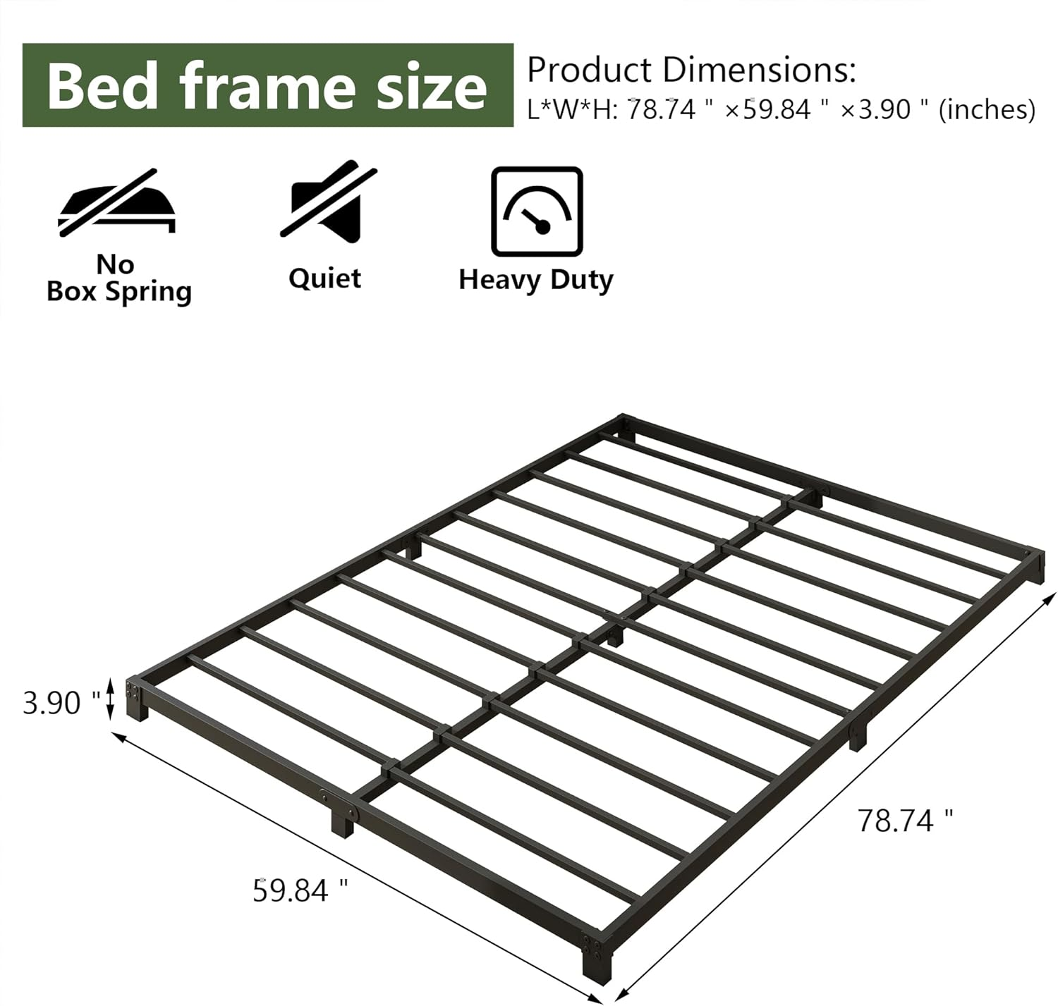 VERFARM 3 Inch Low Queen Size Bed Frame, Heavy Duty Metal Platform Bed Frame Queen, No Box Spring Needed, Sturdy Steel Slat Support, Easy Assembly, Black, Queen image number 5
