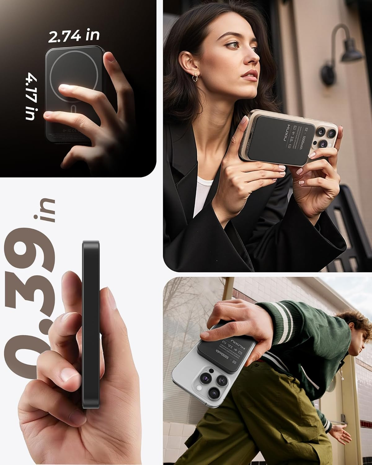 KU XIU S2 Solid-State Magnetic Wireless Power Bank 5000Mah, Qi2-Certified 15W Fast Charging Portable Battery Pack, High Energy Density & Safe Design, Travel-Friendly Wireless Charger for Iphone 17&ndash;12 - Black image number 4