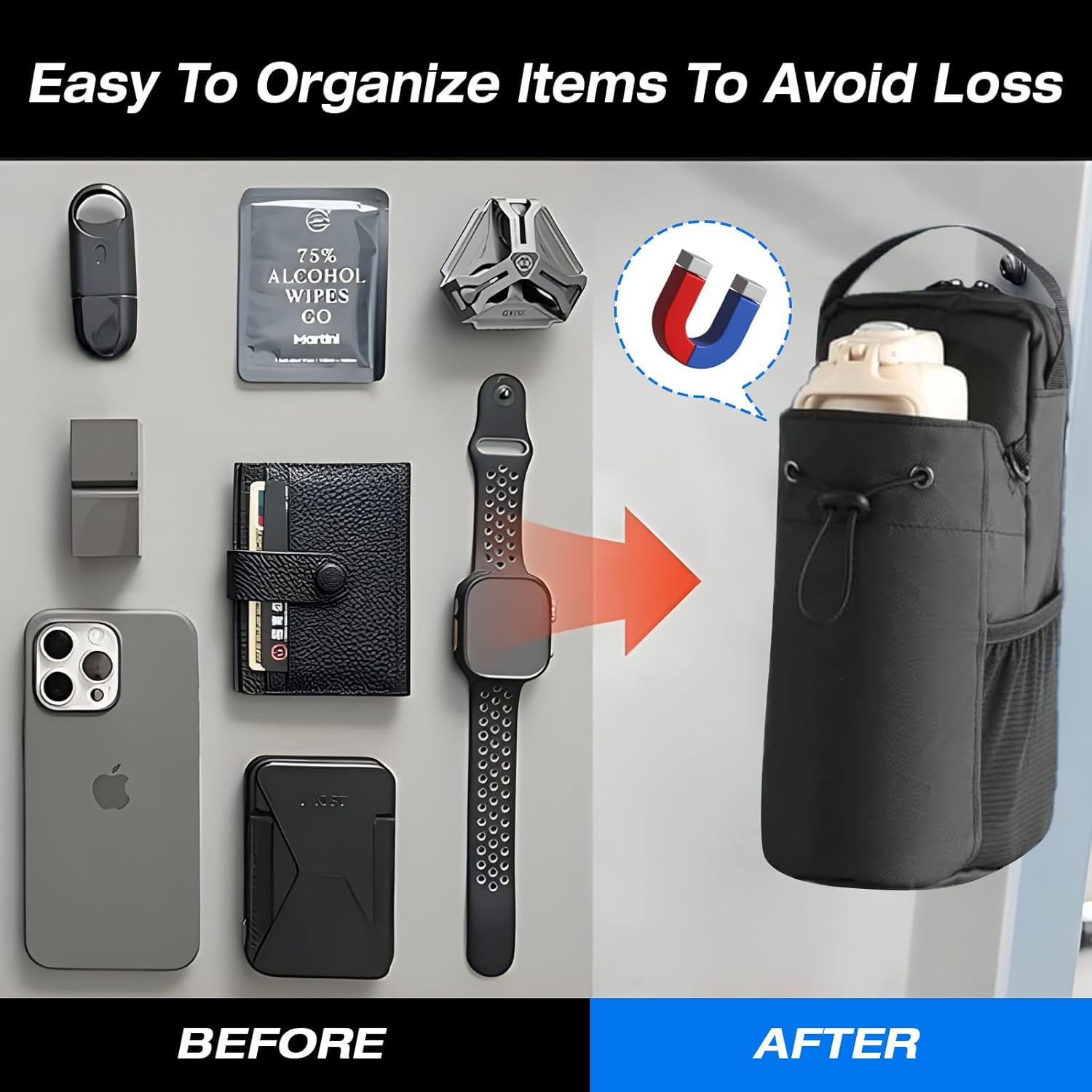 Gym Magnetic Water Bottle Holder Bag with Phone Pockets & Accessories Organizer, Sling Bag with Adjustable Strap for Men/Women, Gym,Work, Trave & Sports, Keep Gear Clean & off Floor (Style 4) image number 3