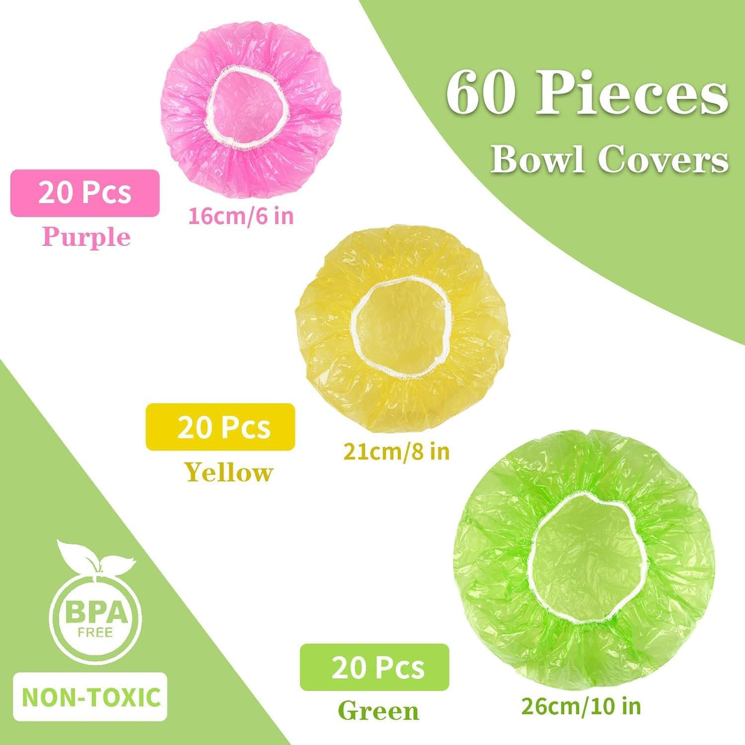60 Reusable Elastic Food Bowl Storage Covers, Food Covers, Variety of 3 Translucent Stretchable Sizes and Colorful Dish Plate Covers, for Kitchen, Outdoor Picnic, BPA Free (3 Sizes)
