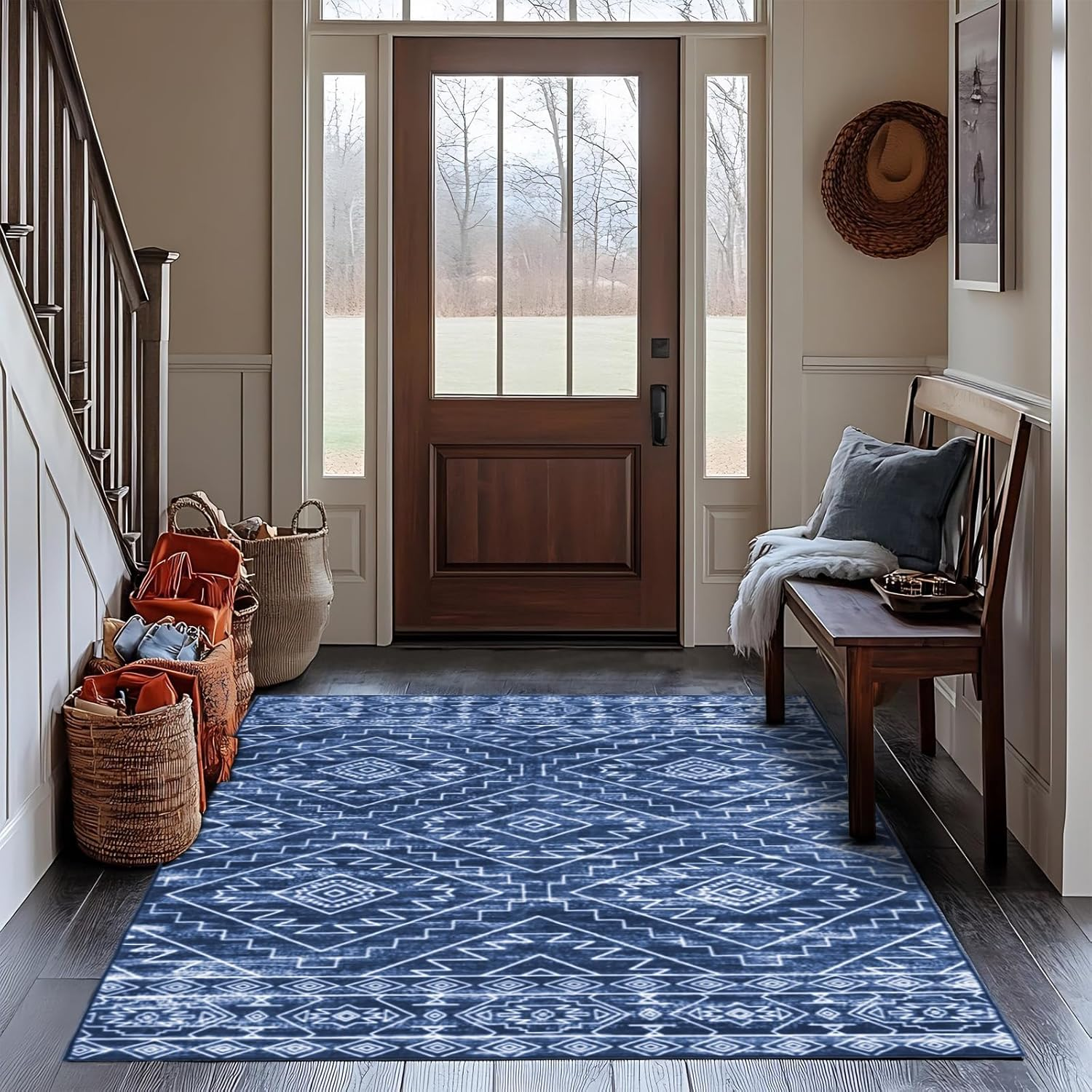 MOSISO 4X6 Area Rug for Living Room, Washable Area Rug, Soft Geometric Rhombus Low Pile Indoor Floor Carpet, Faux Wool Rectangular Non Slip Carpet for Living Room Bedroom Dining Home Office, Blue image number 6