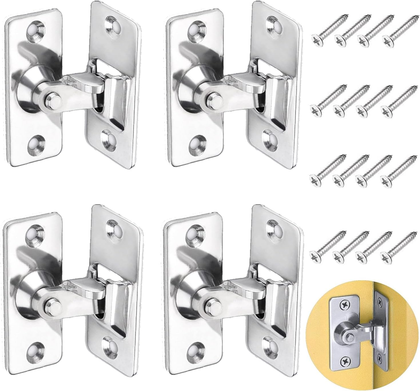 Taicols 90 Degree Door Latch Sliding Door Lock Screen Door Latch Pocket Door Latch,Stainless Steel Safety Angle Locking Latch for Push/Sliding/Barn Door,Right Angle Sliding Door Lock (Silver-4Pcs)