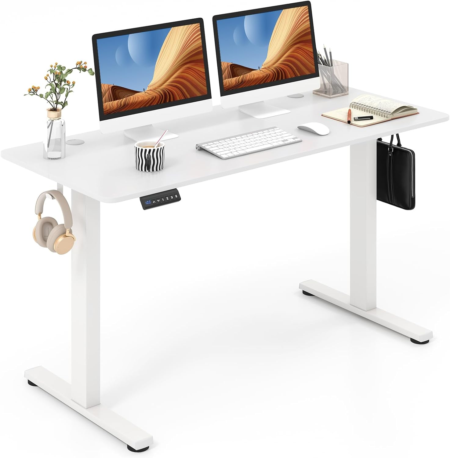 Giantex Electric Standing Desk, 140 X 60 Cm Sit Stand Home Office Desk with 3 Memory Height Settings, Height Adjustable Computer Desk with 2 Hanging Hooks & Cable Management (White)