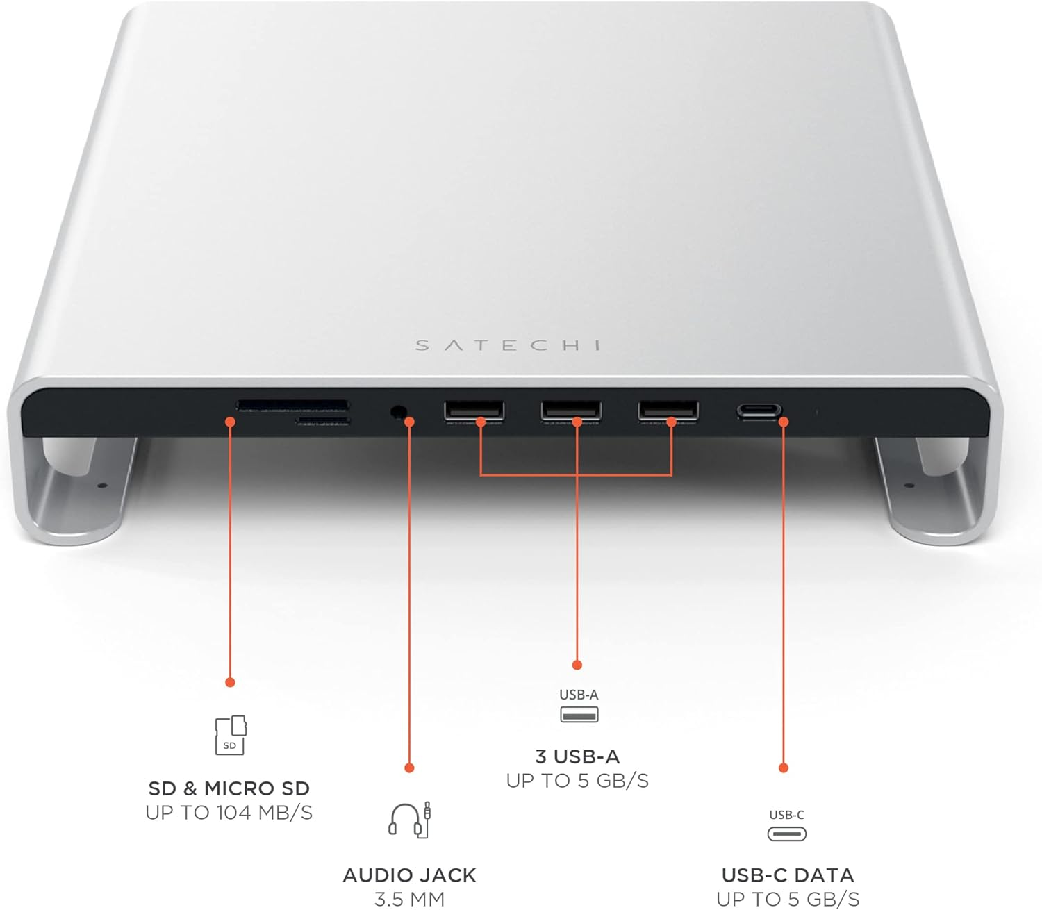 Satechi Type-C Aluminum Monitor Stand Hub with USB-C Data, USB 3.0, Micro/Sd Card Slots & 3.5Mm Headphone Jack - for Apple Studio Display, Imac M1, Imac, Imac Pro (Silver)