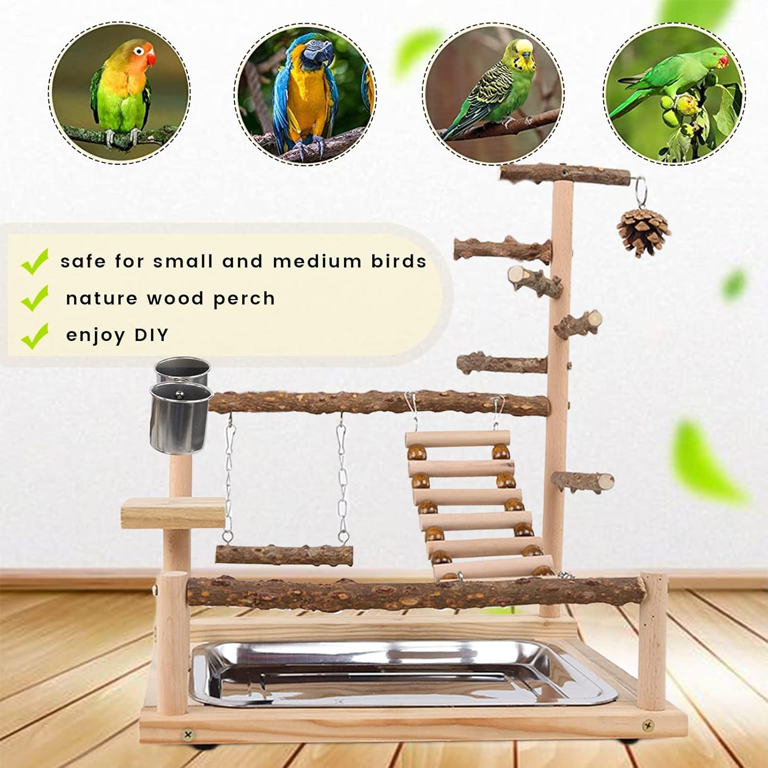 Wishesmar Bird Playground Parrot Play Stand with Feeder Cup Swing Climb Ladder and Tray Budgie Playground Cage Exercise Gym Toys for Parakeets Cockatiel, Wooden, Size about 17.7X14.6X10.2 in #A image number 2