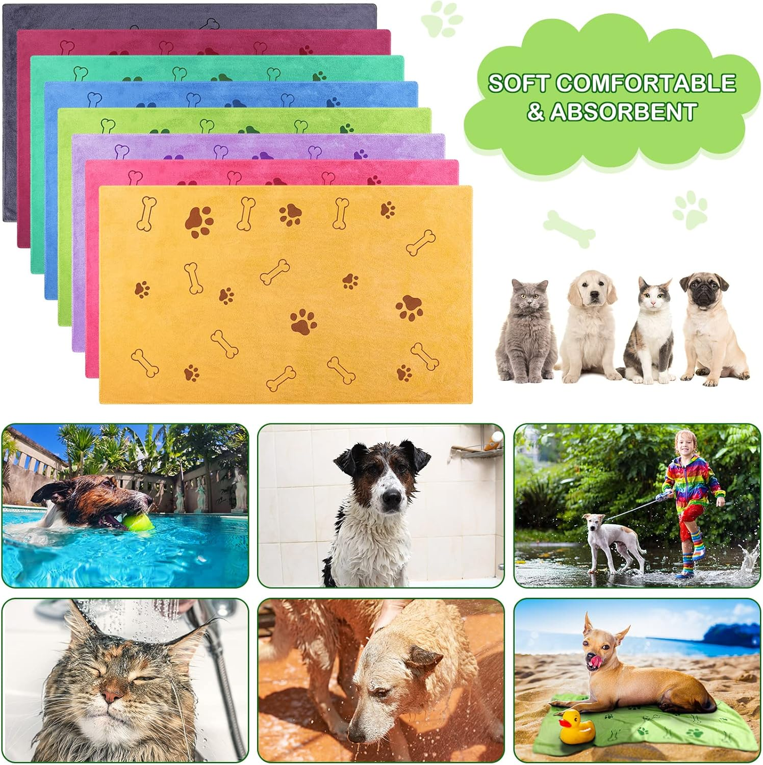 Chumia 8 Pcs Dog Towels for Drying Dogs Cats Pet Towels Bulk Puppy Microfiber Quick Drying Paw Bath Bathing Supplies Absorbent for Medium Pets(Colorful,40 X 24 Inch)
