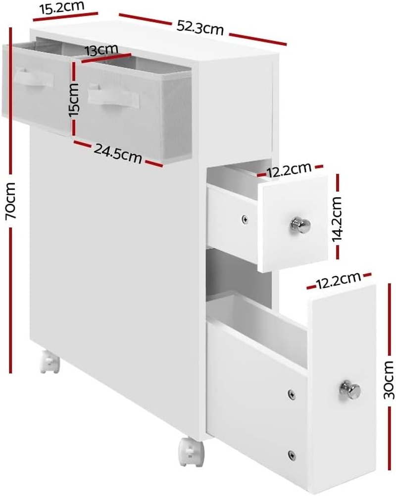 Artiss Bathroom Storage Cabinet, 70Cm Height Cupboard Side Table Corner Shelf Wall over Toilet Roll Storages Cabinets Home Furniture Organiser Accessories, with Wheels Slim Space Saving White image number 3