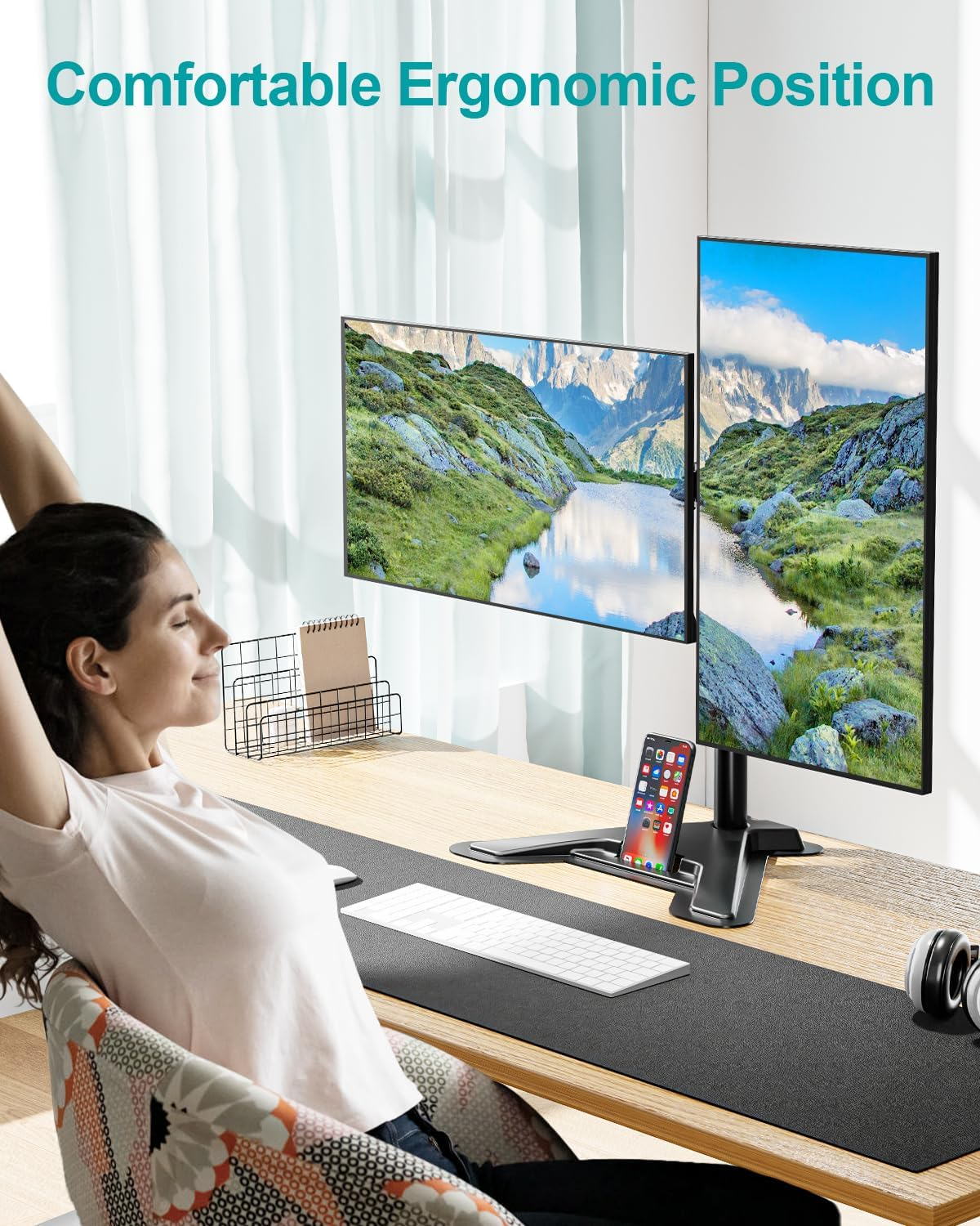 MOUNT PRO Dual Monitor Stand, Free-Standing Full Motion Monitor Desk Mount Fits 2 Screens up to 27 Inches,17.6Lbs with Height Adjustable, Swivel, Tilt, Rotation, VESA 75X75 100X100, Black image number 6