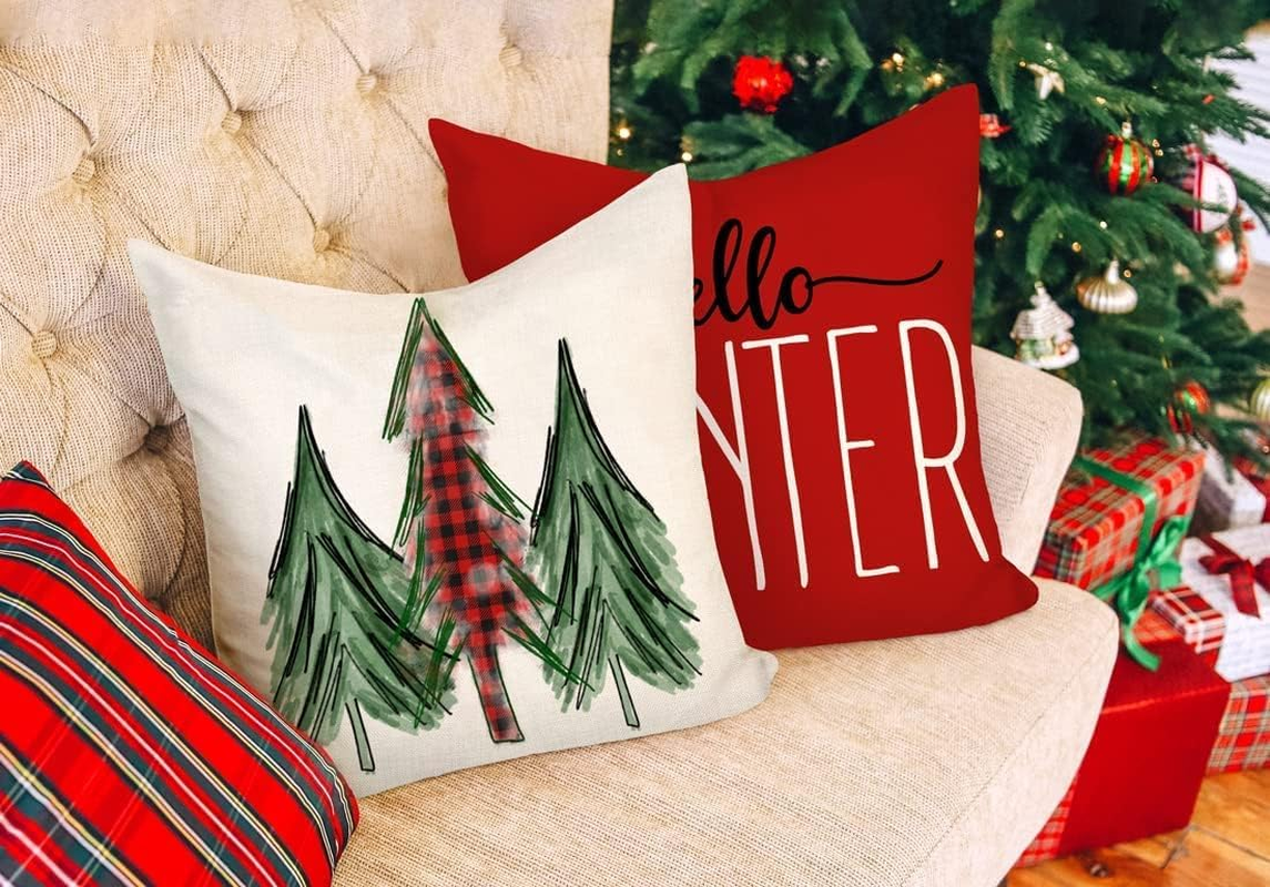 ALINK Christmas Pillow Covers 18X18 Set of 4 Farmhouse Christmas Decorations Merry Christmas Tree Truck Hello Winter Holiday Decor Throw Cushion Cases for Home Couch (Red)