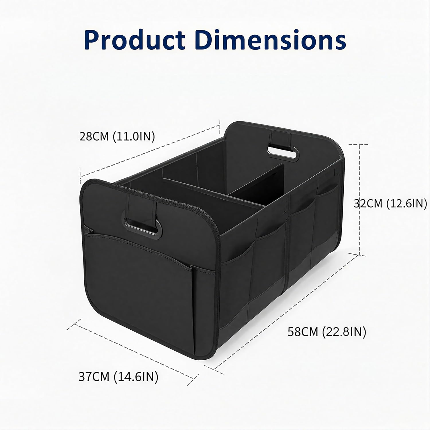 Car Boot Organiser Non-Slip - Large Collapsible Trunk Storage Box for SUV & Groceries - Heavy Duty Oxford Fabric Cargo Tidy with Dividers (Black) - Black image number 1