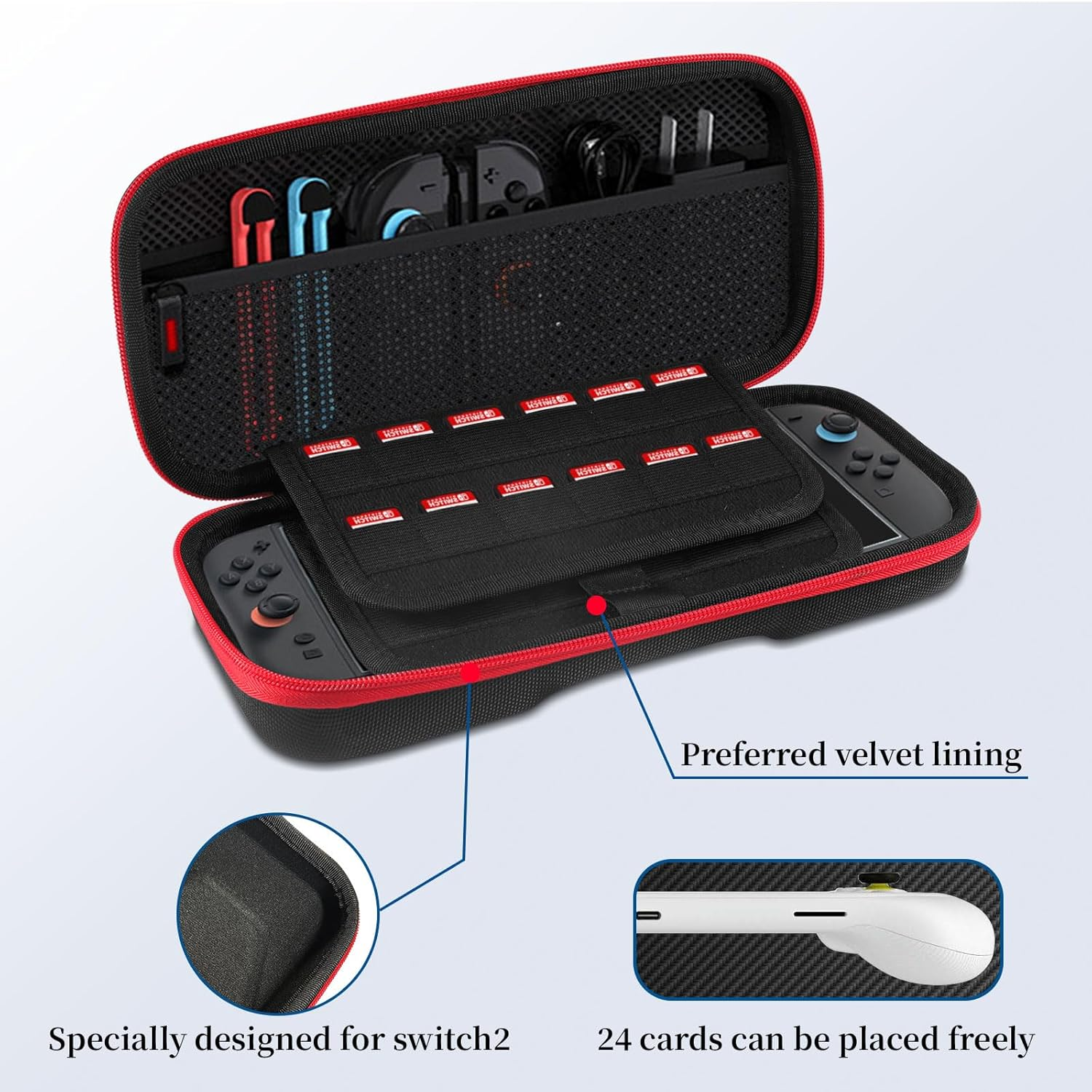 LUPAPA Carrying Case Compatible with Switch 2(2025) -Multifunctional Storage Box with 20 Game Card Slots Portable Storage Bag for Accessories, Protective Travel Handbag EVA Hard Bag (Red) image number 2