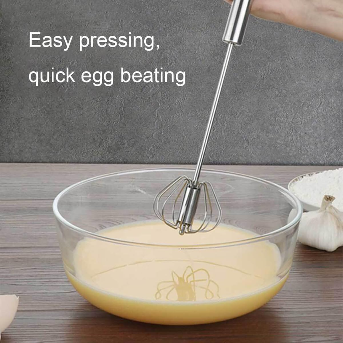 AIMALL Semi-Automatic Stainless Steel Whisk, Hand Push Egg Beater and Milk Whip Mixer, Available in Three Sizes image number 3