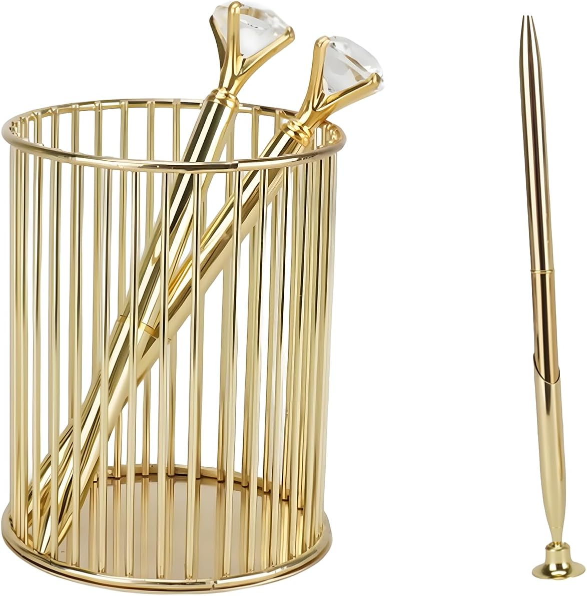 WATUNID Metal Pen Holder with 2 Pieces Diamond Pens and Gold Signing Pencil Stand Set, Makeup Brush Holder, Openwork round Art Table Accessories, Mesh Pen Pot Pen Holder for School, Office, Home image number 4