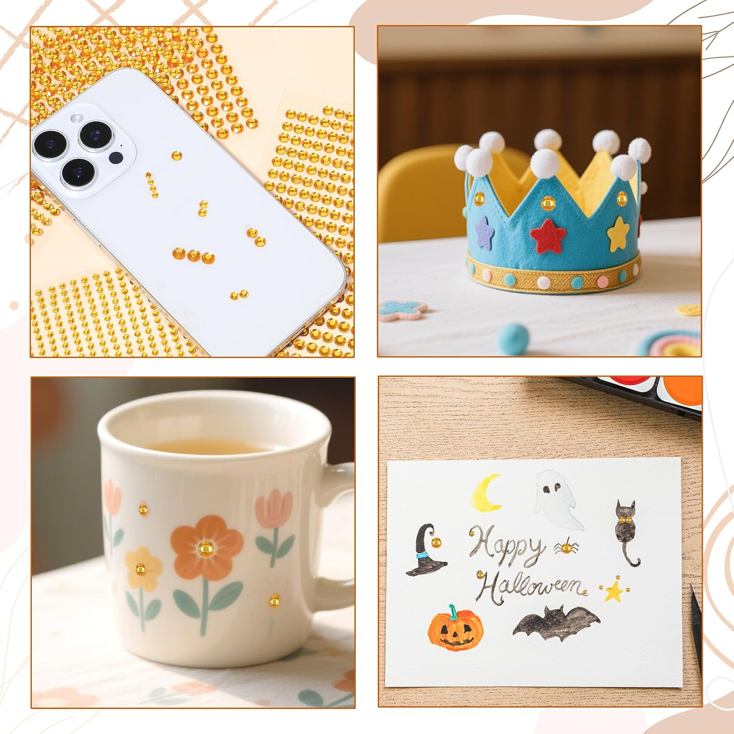 Piriuuo 4 Sheets/1792 Pieces Glitter Stones Self-Adhesive Gemstones Stickers round Acrylic Rhinestones Glitter Stones Face Gemstones for Face, Body, Nails and DIY Crafts, Golden Yellow