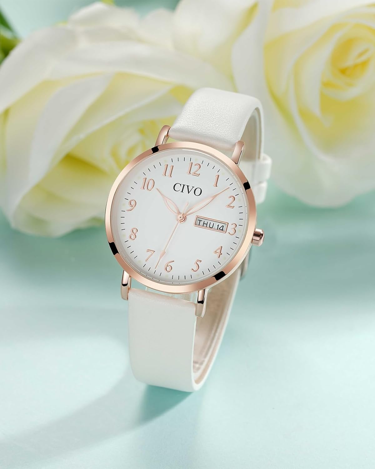 CIVO Ladies Watches for Women Leather Strap Analog Easy to Read Large Face Date Wrist Watch Waterproof Fashion Simple Elegant Quartz Watch - A White image number 4