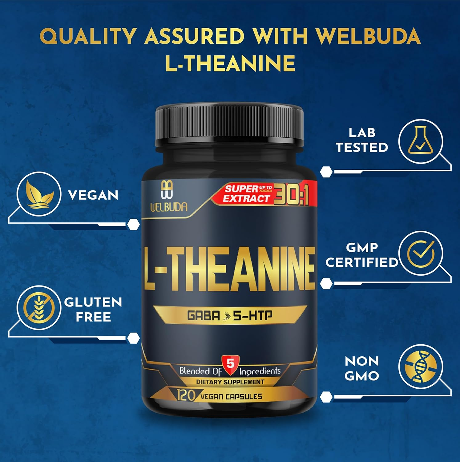 L-Theanine Supplement Added Ashwagandha, GABA, 5 HTP, L Tryptophan - 120 Capsules image number 6