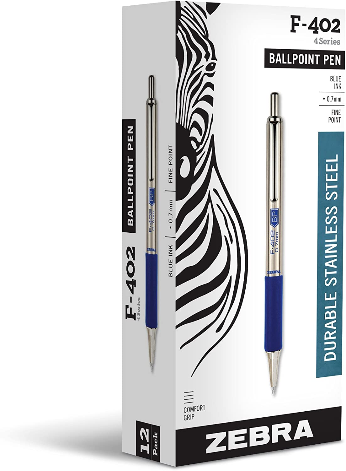Zebra Pen F-402 Retractable Ballpoint Pen, Stainless Steel Barrel, Fine Point, 0.7Mm, Black Ink, 2-Pack
