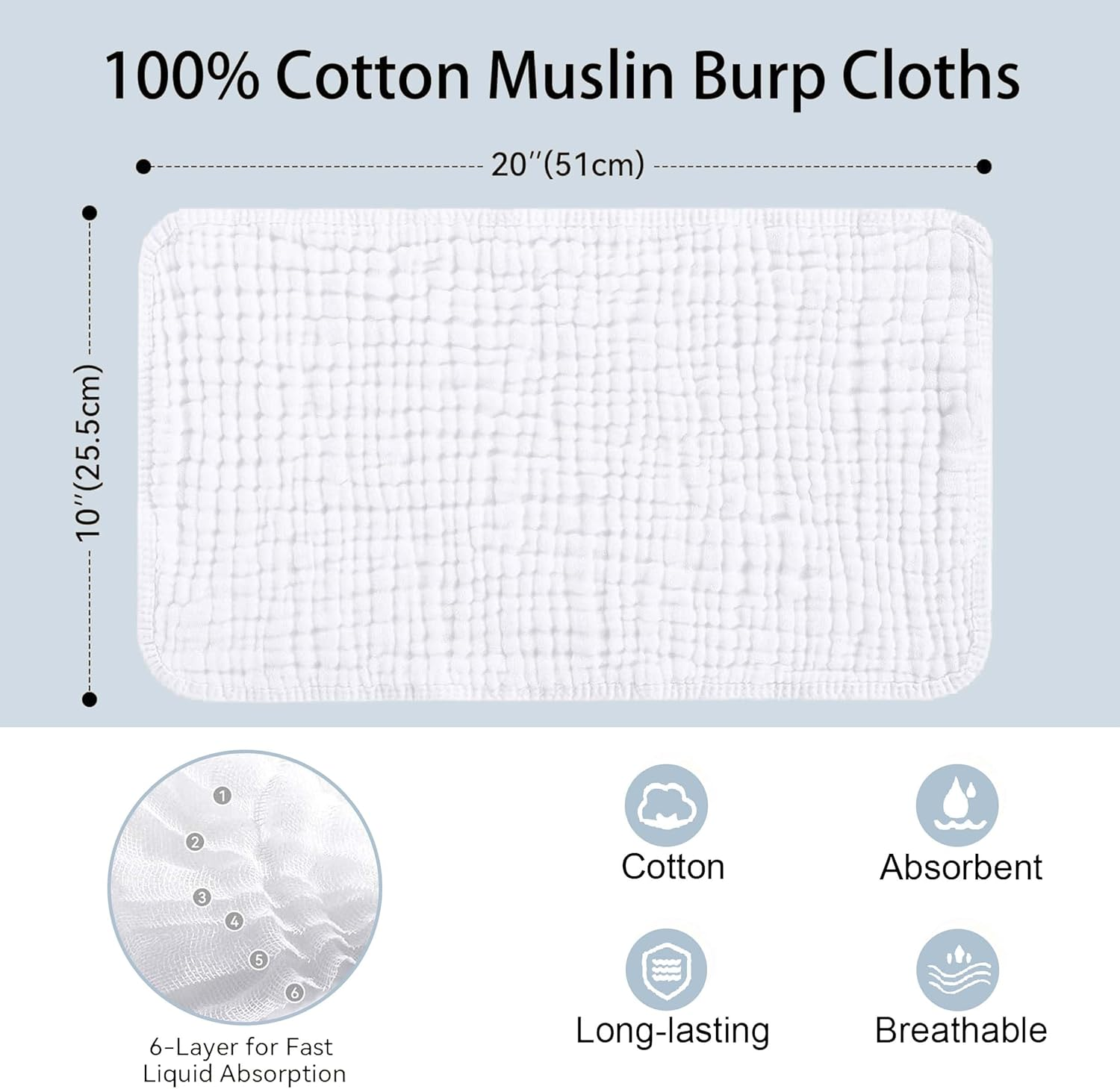10-Pack Burp Cloths,100% Cotton Muslin Thickened Baby Burp Cloths Super Soft and Absorbent, Newborn Towels 20" X 10" (White+Blue) image number 2