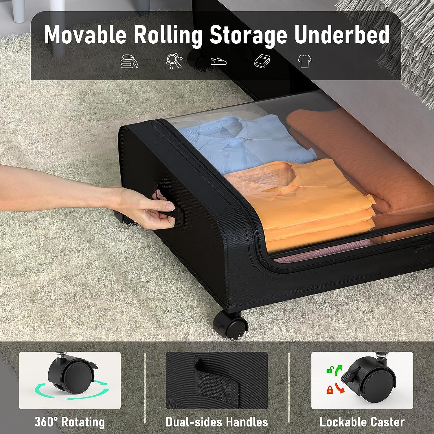 Under Bed Storage with Wheels and Lid, under Bed Rolling Storage with 50L Large Capacity, under the Bed Storage for Bedroom under Bed Storage Containers for Clothes Shoe Blanket Toy Book (Black) image number 3