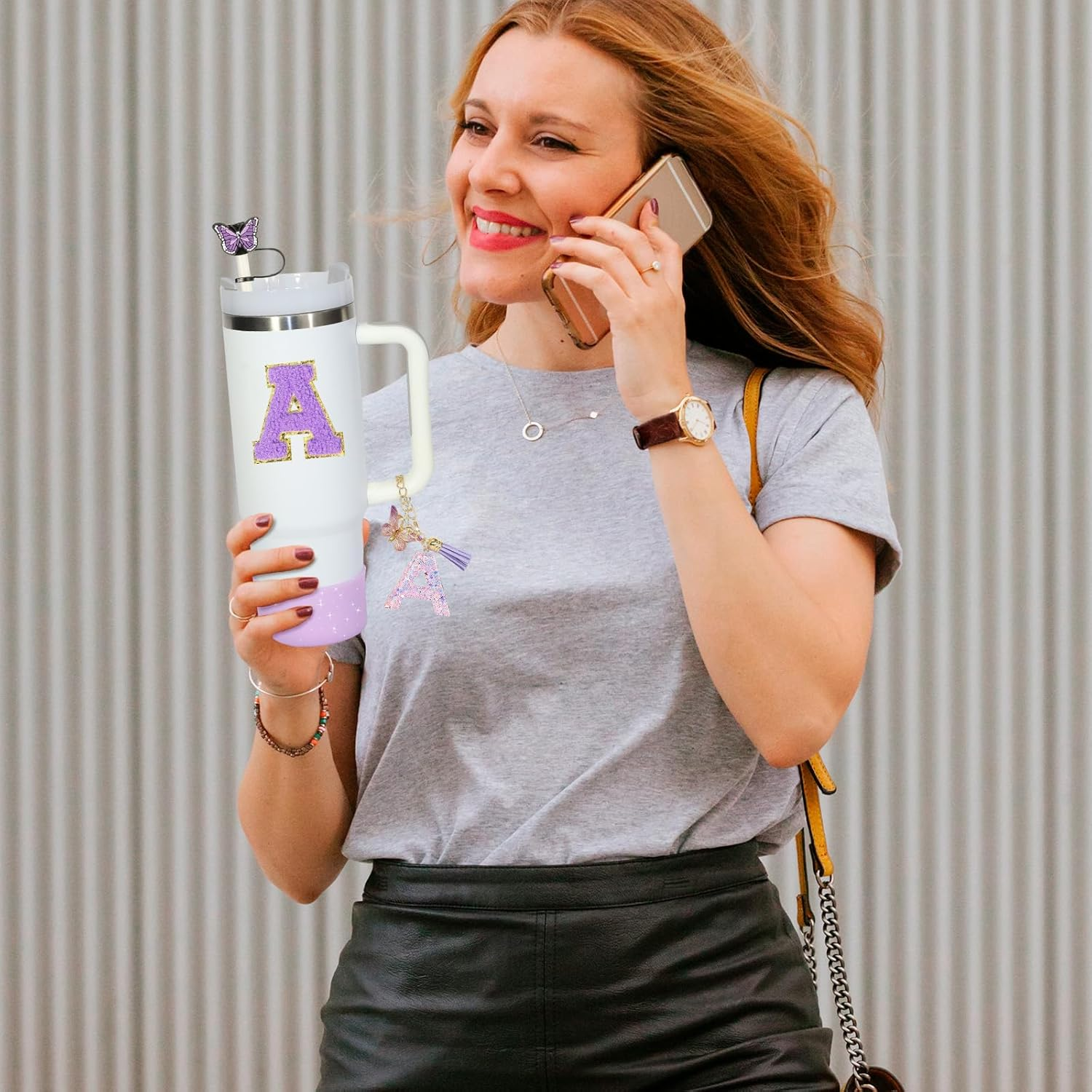 6PCS Cup Accessories Set for Stanley Cup 30Oz 40Oz Tumbler with Handle, Including Silicone Straw Topper Cover Cap and Boot, Spill Proof Stopper, Handle Charm, Initials Sticker(Purple B)