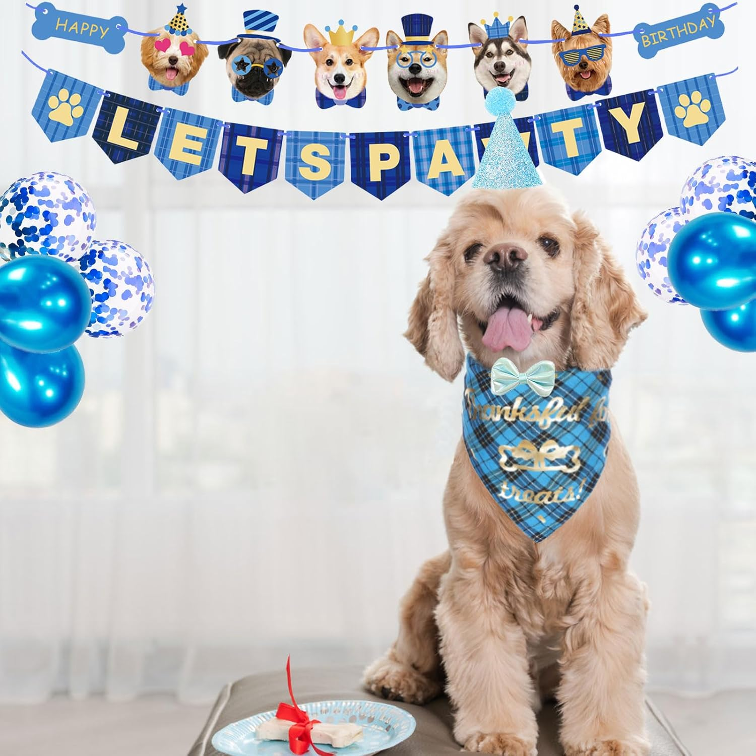 Dog Birthday Party Supplies,Dog Birthday Hat and Bandana Blue with Dog Bow Tie and Balloons,Lets Pawty Happy Birthday Banner for Pet Puppy Cats Small Medium Dogs (Dog Birthday Decorations Blue) image number 1
