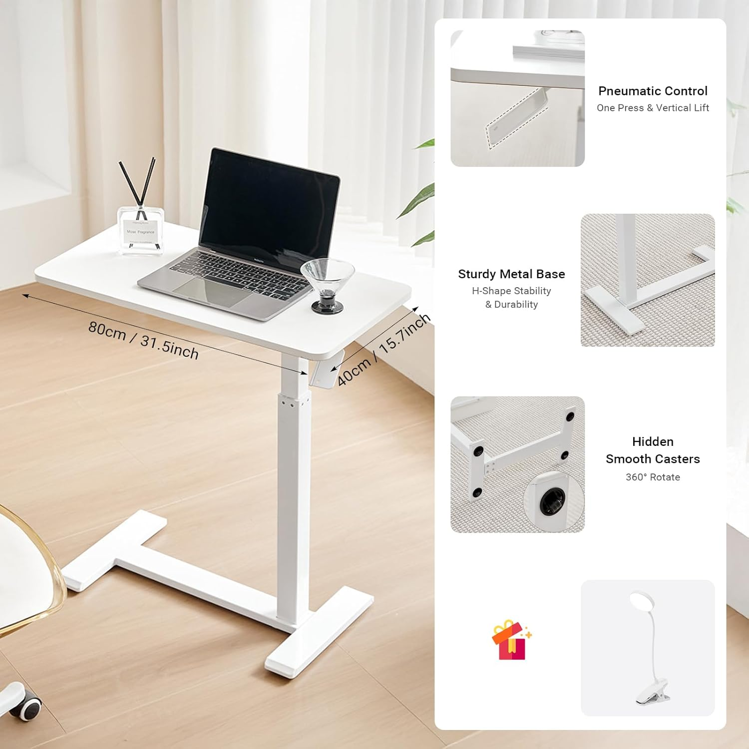 Xmart Adjustable Overbed Table with Wheels，Pneumatic Mobile Standing Desk，Rolling Computer Car，Laptop Desk Multi-Purpose for Home and Medical Use，Sofa Side Table, Movable Bed Table (80X40Cm, White) image number 5