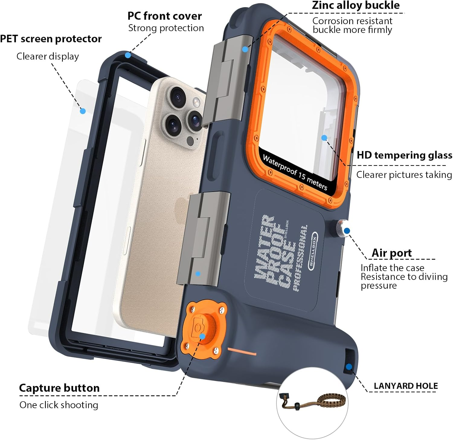 Shellbox Waterproof Mobile Phone Case Underwater Waterproof 15 M Mobile Phone Case Waterproof Swimming Bathing Only for Iphone 16E 16 Pro 16 Pro Max 15 Pro 15 Pro Max 14 plus 14 Pro Max image number 4