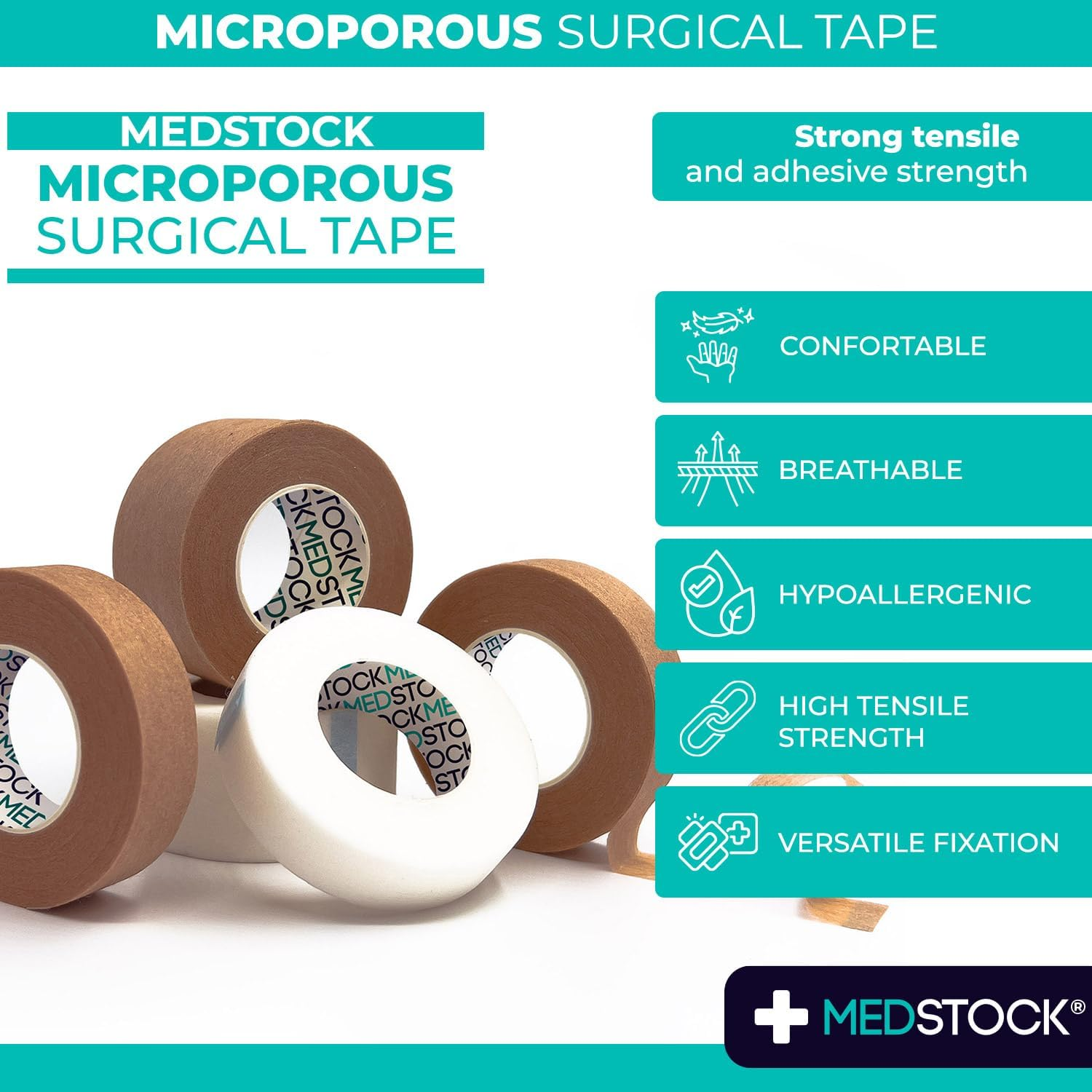MEDSTOCK Premium Microporous Surgical White Tape, 2.5Cm X 9.1M, 12 Rolls/Box, Latex-Free, Ideal for Dressing Fixation & Scar Management, Hypoallergenic, Breathable & Tearable image number 2
