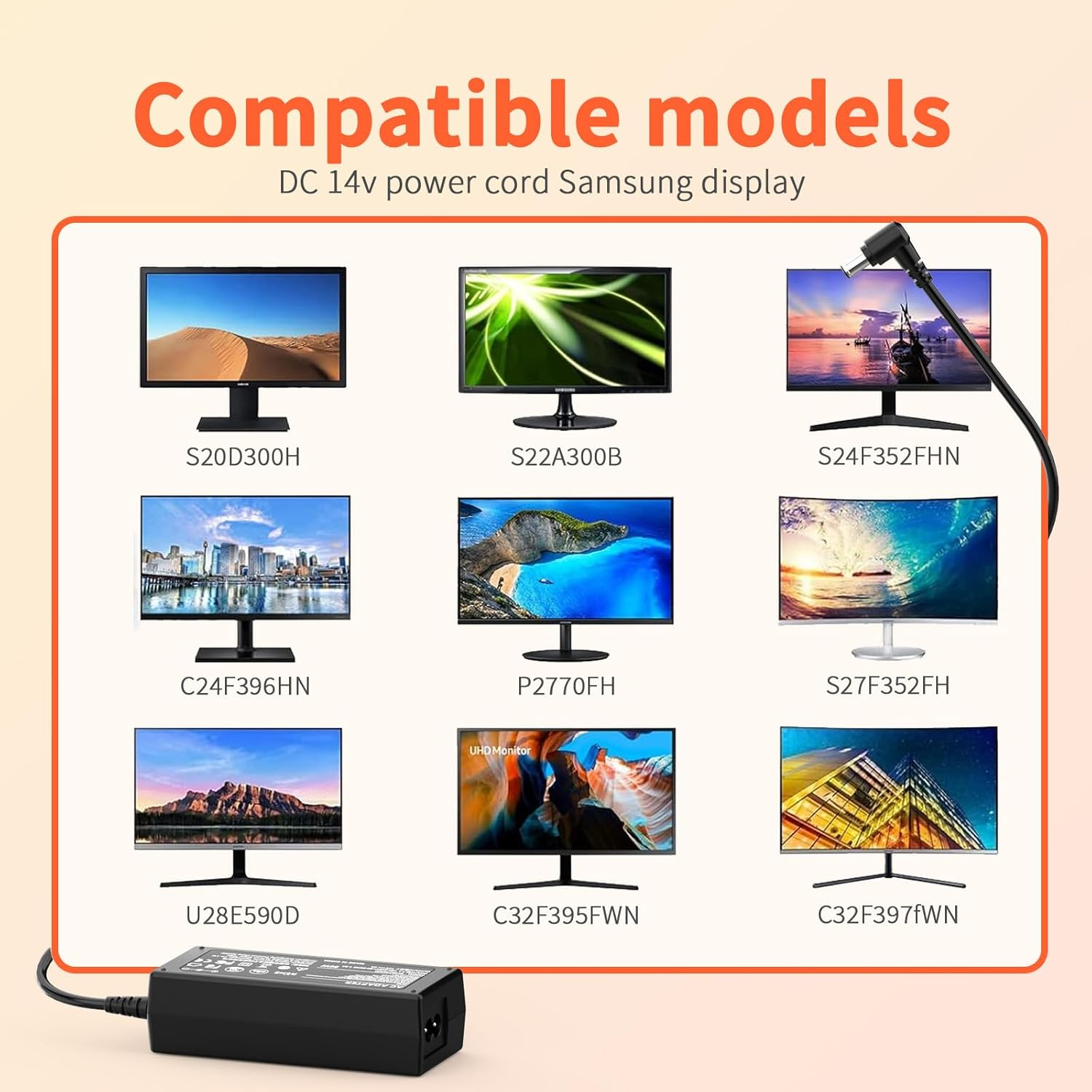 14V AC Power Supply Adapter for Samsung Monitor U28E590D S22D300HY S27D390H S27D390H S24D390HL S24B150BL S22C300H SAD04914F S24D300 Syncmaster LCD/TFT 770 760V 1501MP TV Charger Power Cord image number 3