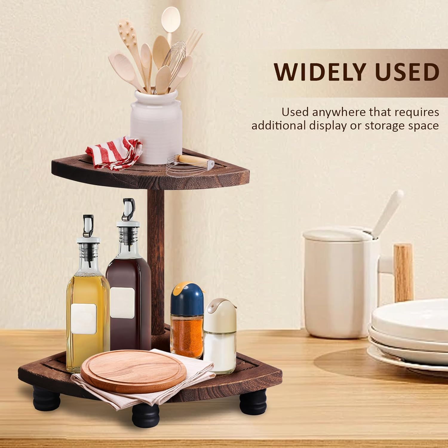 Fwqofvk 2 Tier Decorative Wood Riser, Rustic Corner Shelf, Countertop Bathroom Organizer, Farmhouse Riser, Corner Counter Shelf, Wood Tray for Kitchen Bathroom Dish Soap Tan image number 3