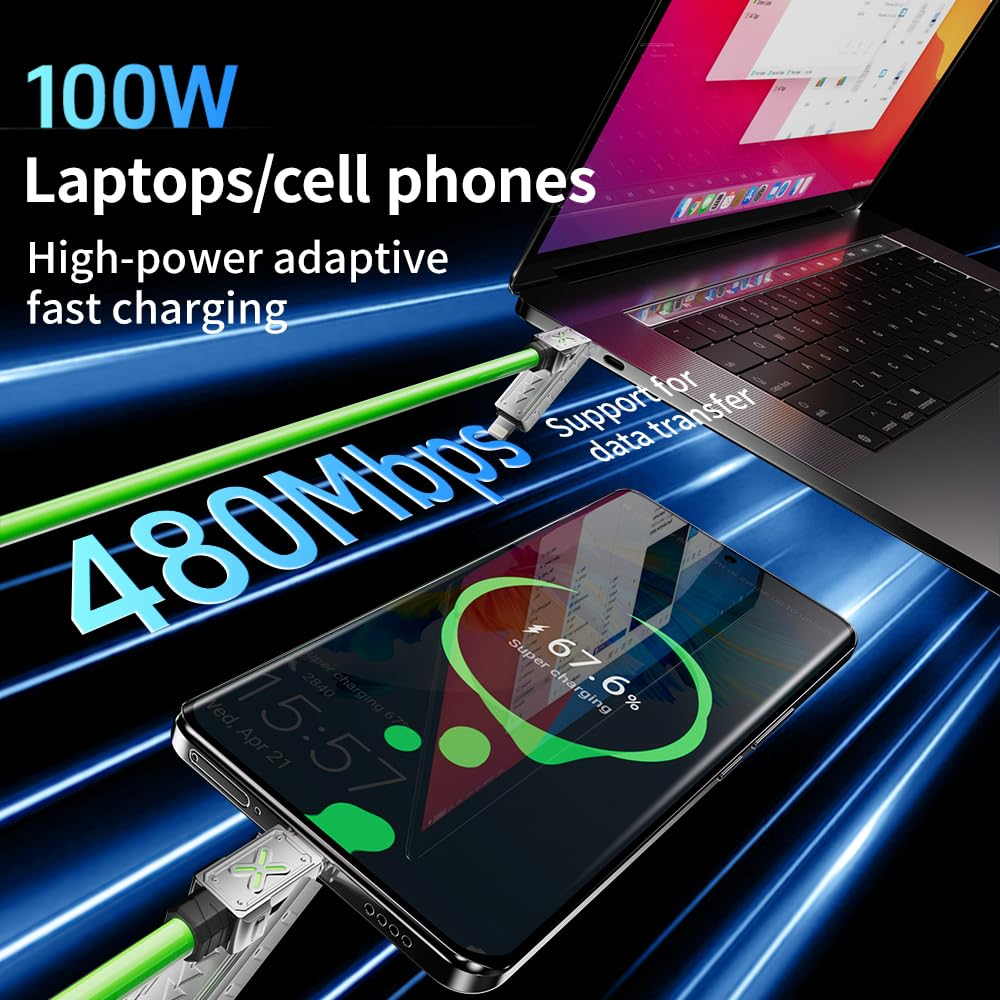 4-In-1 USB-C Cable, 240W PD 5A Fast Charging Cable & Data Sync, Colorful Breath Light Silicone Charger Cord with Type C/USB a for Laptop Iphone Ipad Macbook Samsung Ect-5Ft image number 4