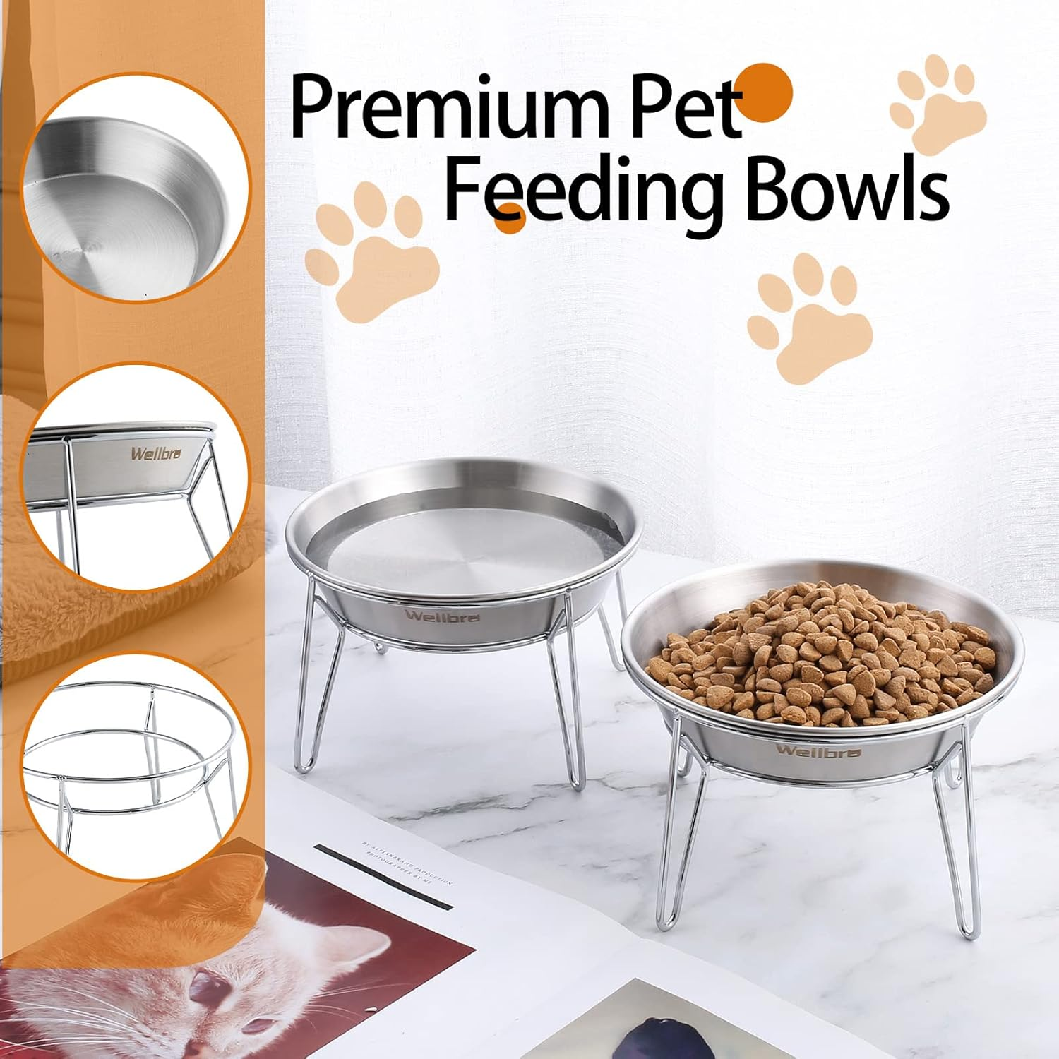 Wellbro Elevated Cat Bowls, 5.9 Inch Wide Stainless Steel Cat Food Bowls with Metal Stand Whisker Stress-Free, Raised Food and Water Dish for Cats, Kitten, Puppies and Small Dogs-2 Pack - Silver image number 4