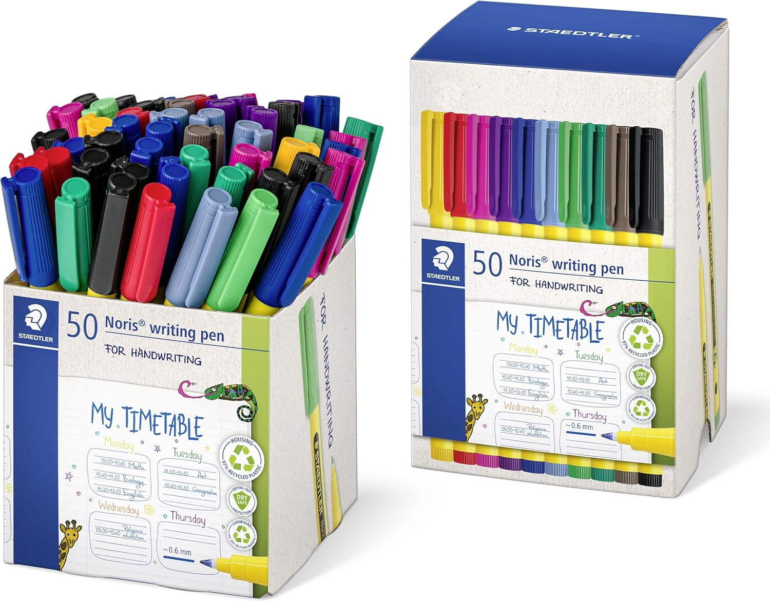 STAEDTLER Noris Writing Pen 307 Fineliner, Housing Made from 97% Recycled Plastic According to ISO 14021, Box of 6 Fineliners in Assorted Colours, 307 SB6