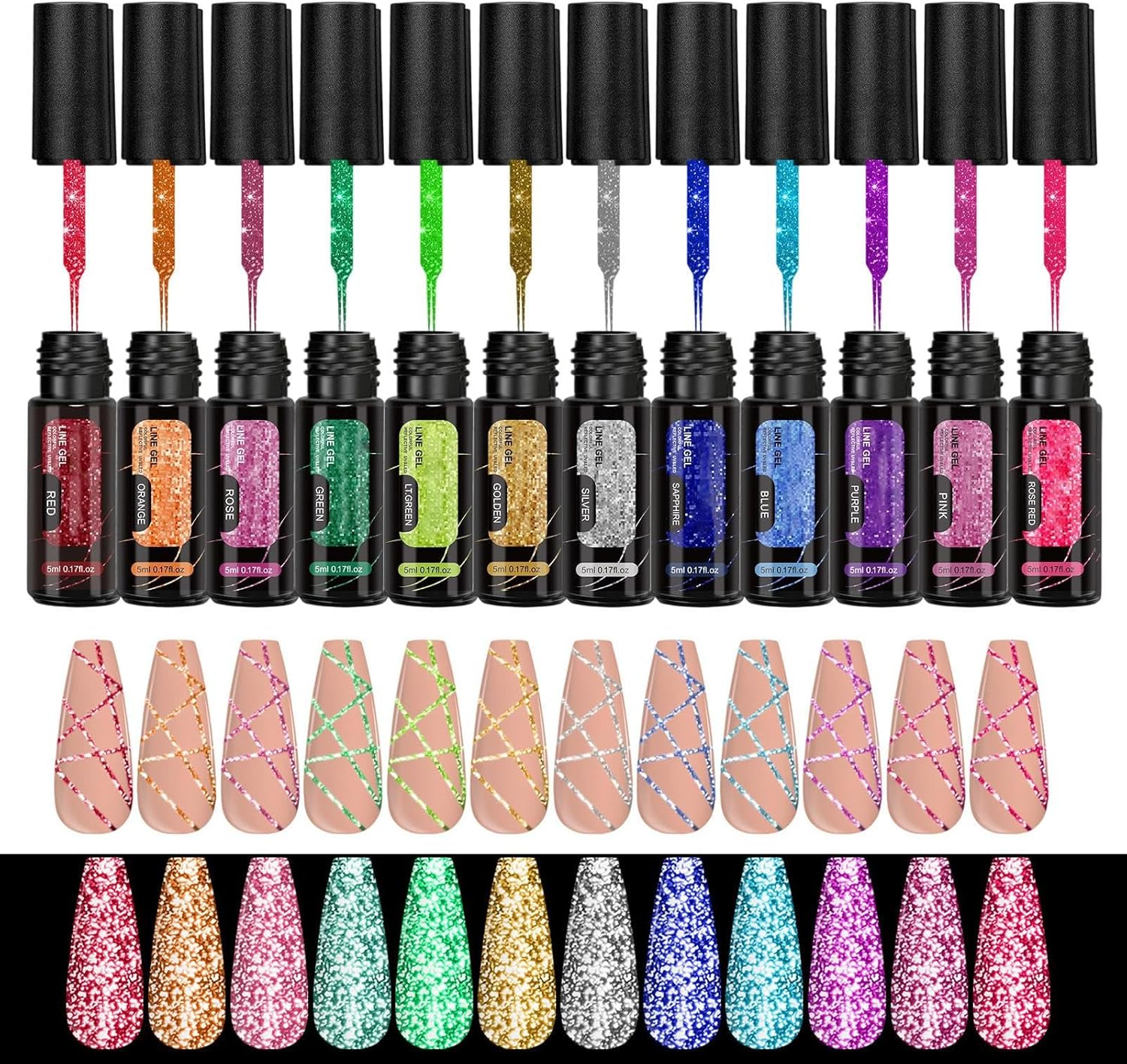 Lmyit Gel Glitter Nail Polish | 12 Colors Nail Design Polish | Reflective Manicure Liner Kit for Summer Party Art Design Holiday Women Salon image number 4