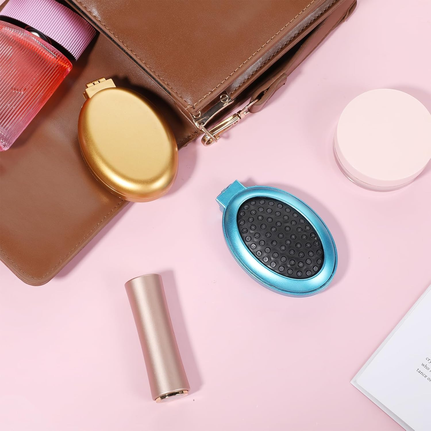 Foldable Hair Brush with Mirror, 2 Pcs Oval Mini Hair Brush Portable Travel Size Compact Hairbrush Small Anti-Static Pocket Comb Hair-Styling Tools for Women Home Travel Gym Purse (Gold, Blue)