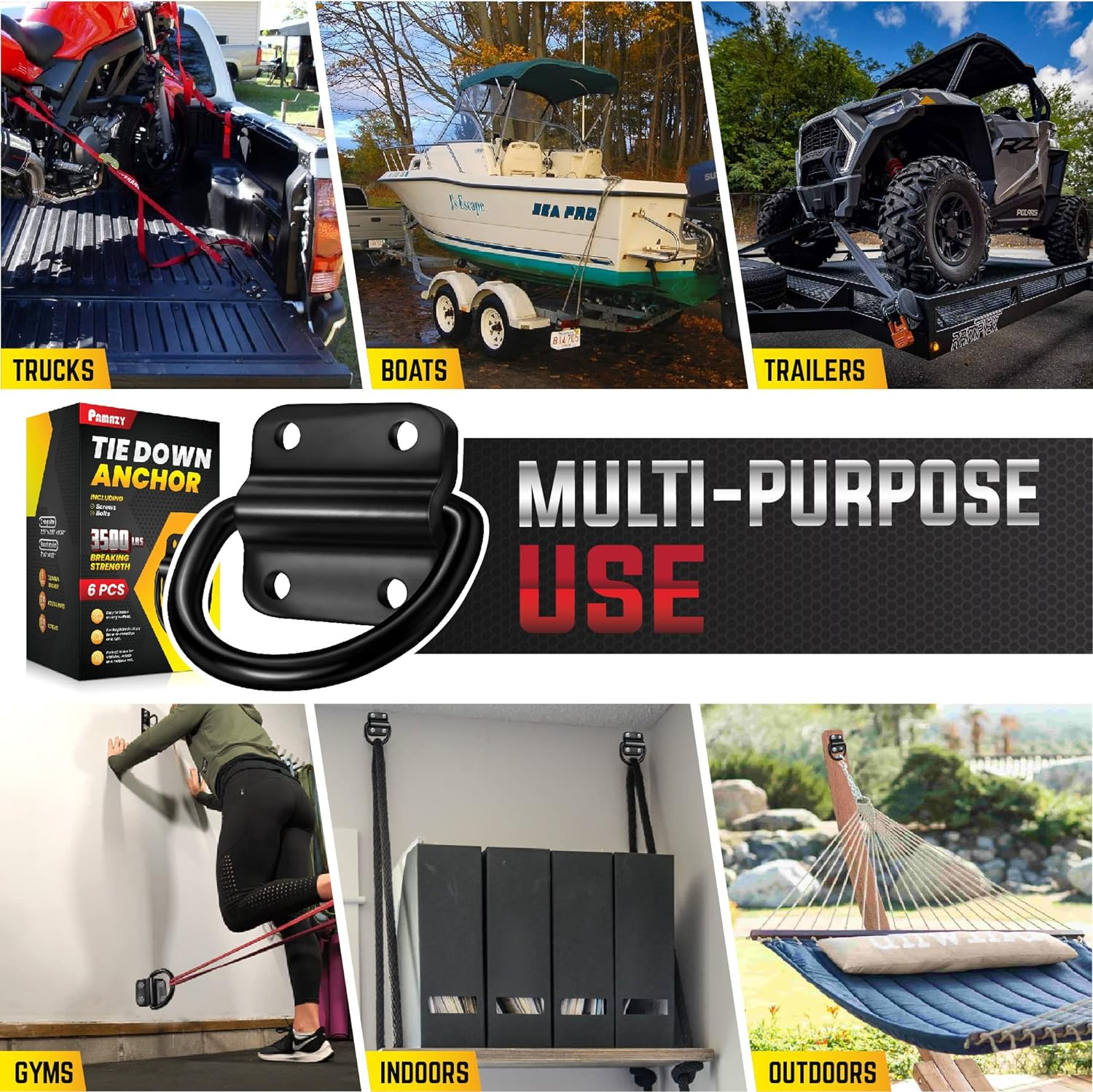 6PCS Heavy Duty Steel D Rings Tie down Anchors, Ultra Durable 3500 Pound Breaking Strength Surface Mount Hooks Securing Cargo for Trailer, Truck Bed, with Screws & Bolts image number 3