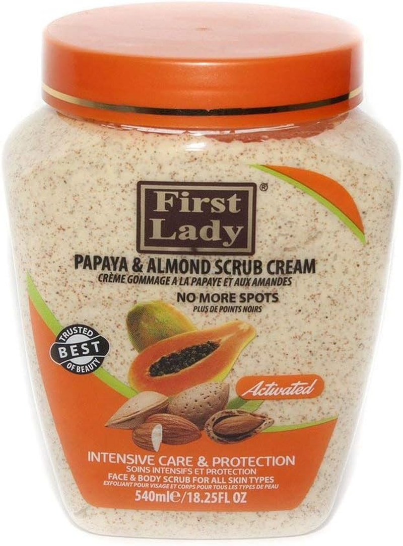 First Lady Activated Papaya & Almond Scrub Cream 540Ml - No More Spots - Face & Body + First Lady Herbal Hair Oil 30Ml