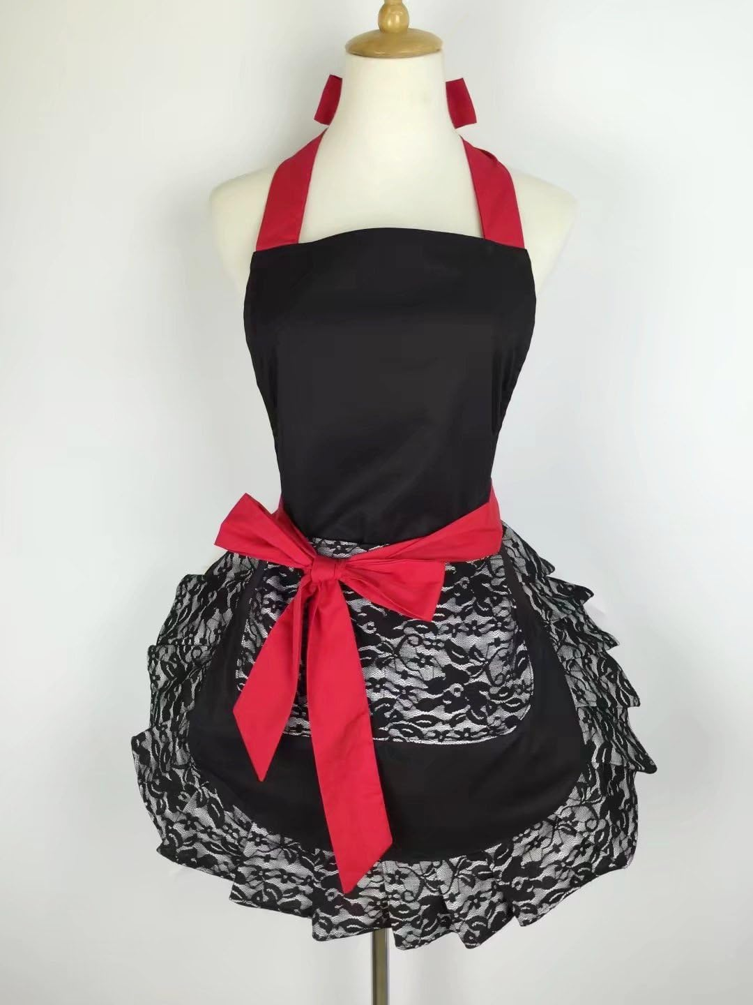 Hyzrz Cute Lace Flirty Apron with Pocket Fun Retro Sexy Cooking Aprons for Women Girls - Red image number 5