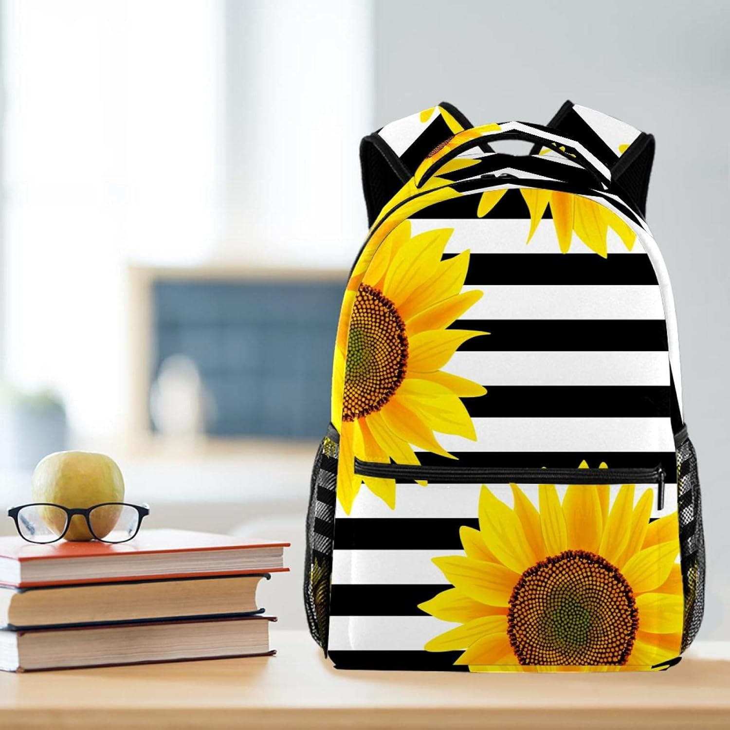Black and White Striped Sunflower Creative Yellow Backpack Students Shoulder Bags Travel Bag College School Tote Backpacks image number 1