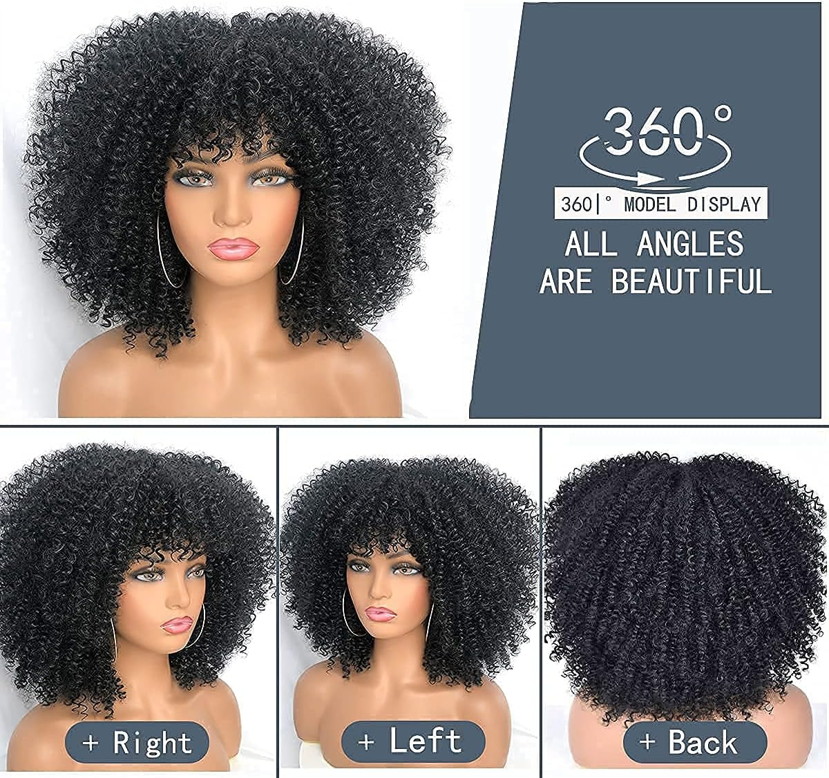 Runm Short Curly Afro Wig with Bangs for Black Women Kinky Curly Hair Wig Afro Synthetic Heat Resistant Full Wigs(Black) image number 2
