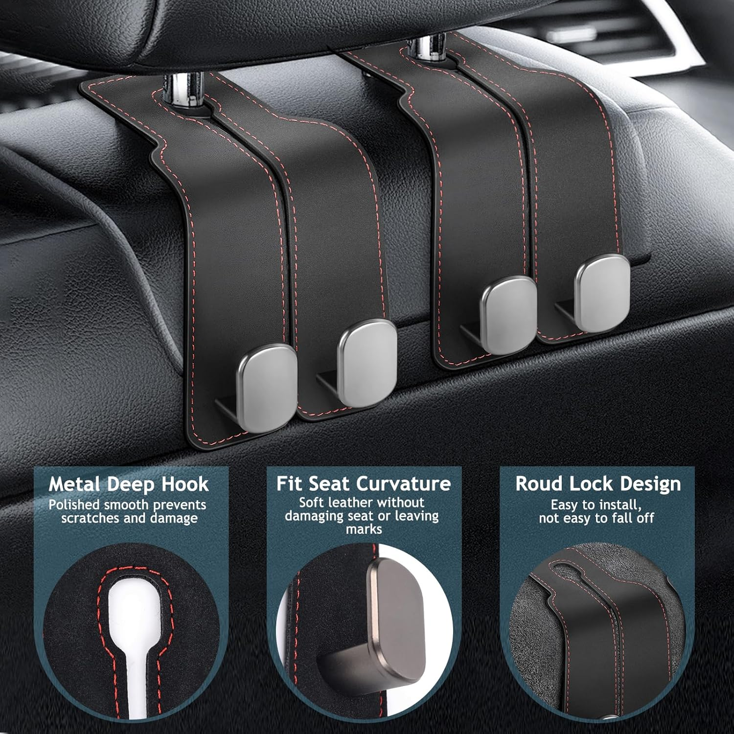 Accevo Car Seat Hooks for Headrest, Headrest Hook for Purses and Bags, 2 in 1 Car Seat Back Storage Hooks for Headrest（2 Pack, Black image number 2