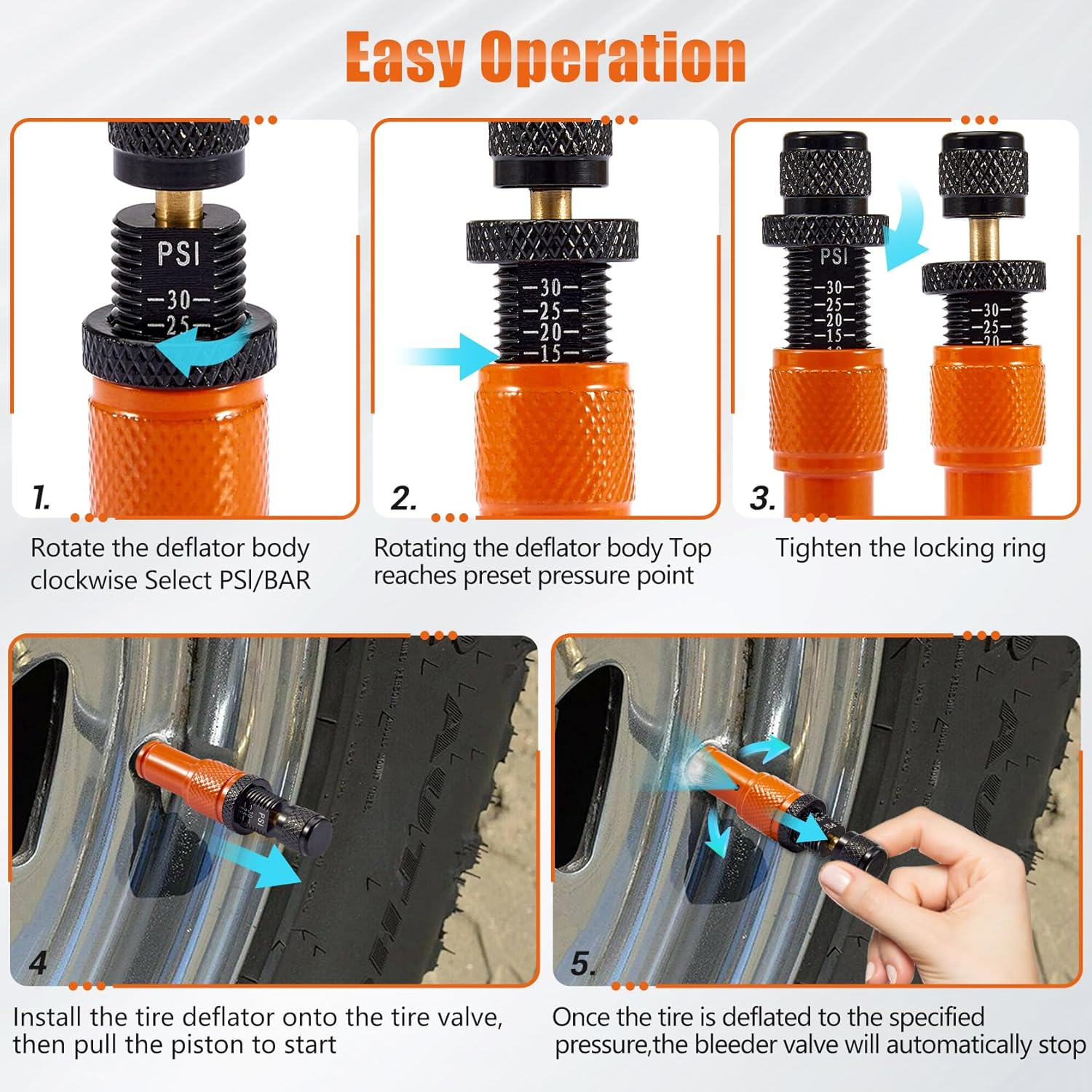 Krimocy Automatic Tire Deflator Kit 10-30 PSI, Adjustable Tyre Deflator Valve, 4 Pcs Screw-On Air down Tyre Tool for 4X4 4Wd Car Trucks Rvs Utvs image number 1