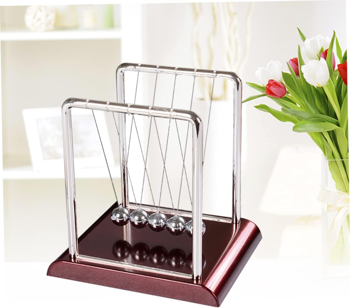 Ibasenice Pendulum Swinging Decorations - Metal Pendulum Swinging Balance Balls Newtons Cradle Balance Balls with Red Base Office Set Desk Accessories image number 4