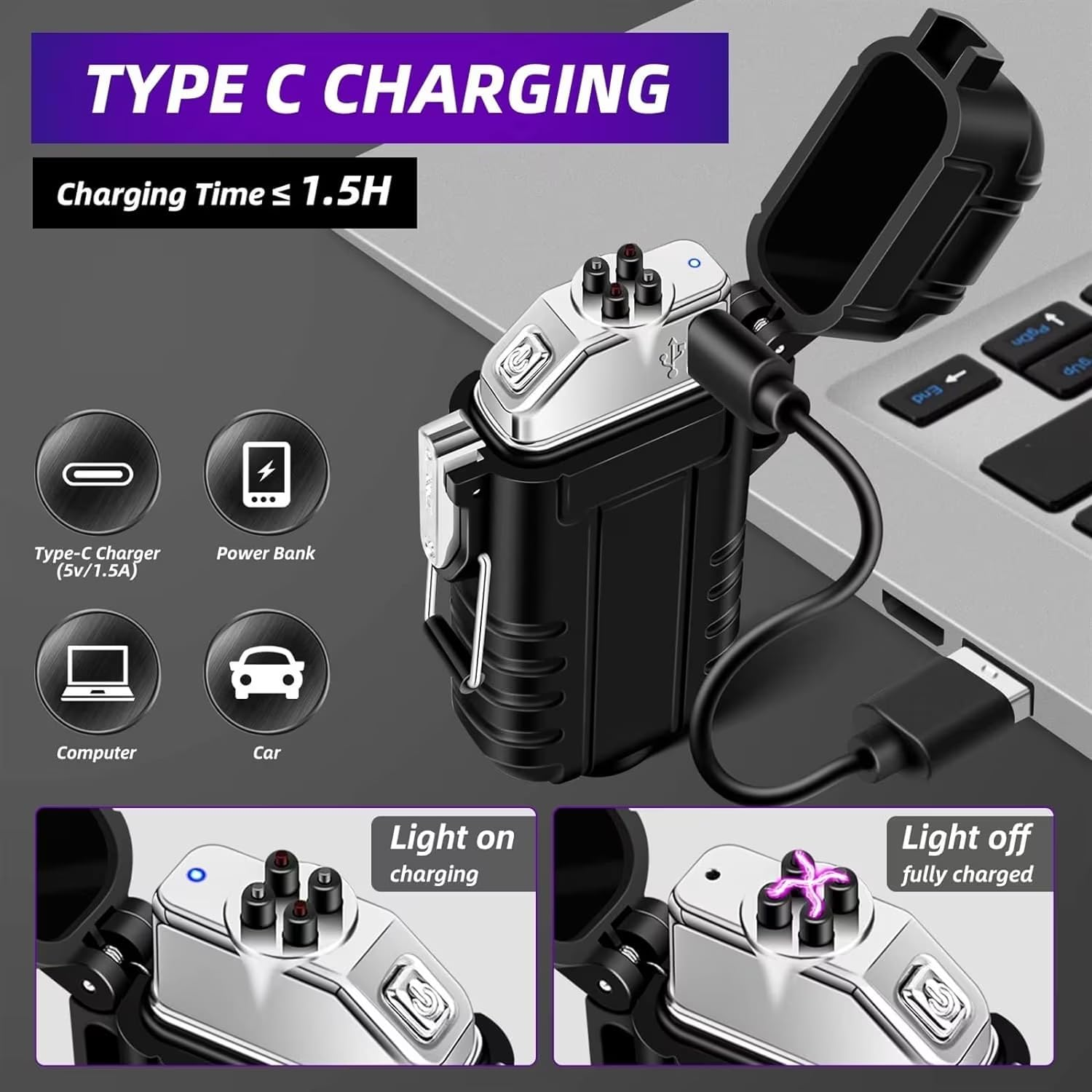 Waterproof Flameless Electric Lighter- Rechargeable Flashlight -Dual Arc Plasma Lighter with Lanyard & Type-C Fast Charging/Windproof/No Butane/Ideal Lighter for Indoor and Outdoor image number 2
