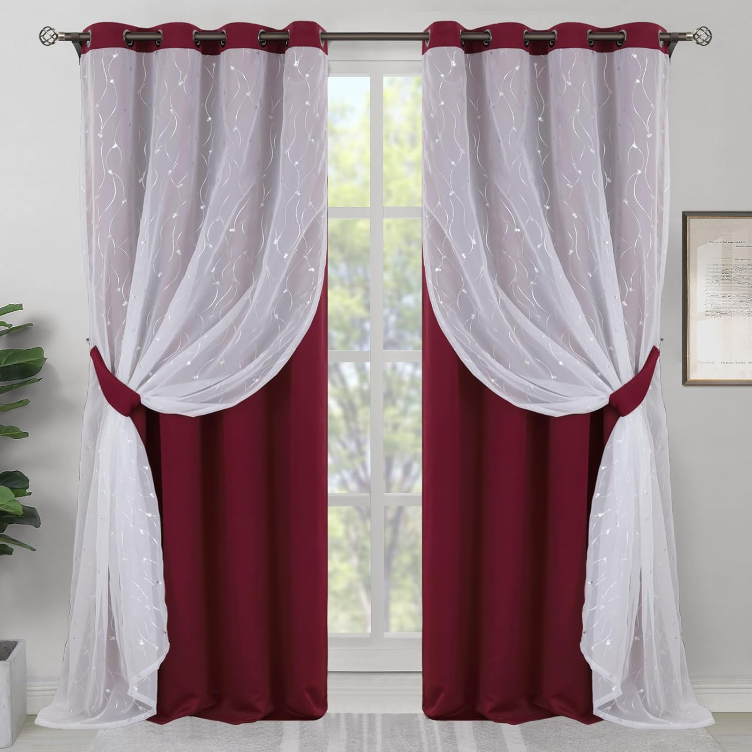 Bgment White Blackout Curtains with Sheer Overlay, Double Layer Nursery Drapes Grommet Silver Printed Thermal Insulated Panels for Bedroom/Living/Kide Room, 2 Panels Each 52 X 84 Inch, Greyish White