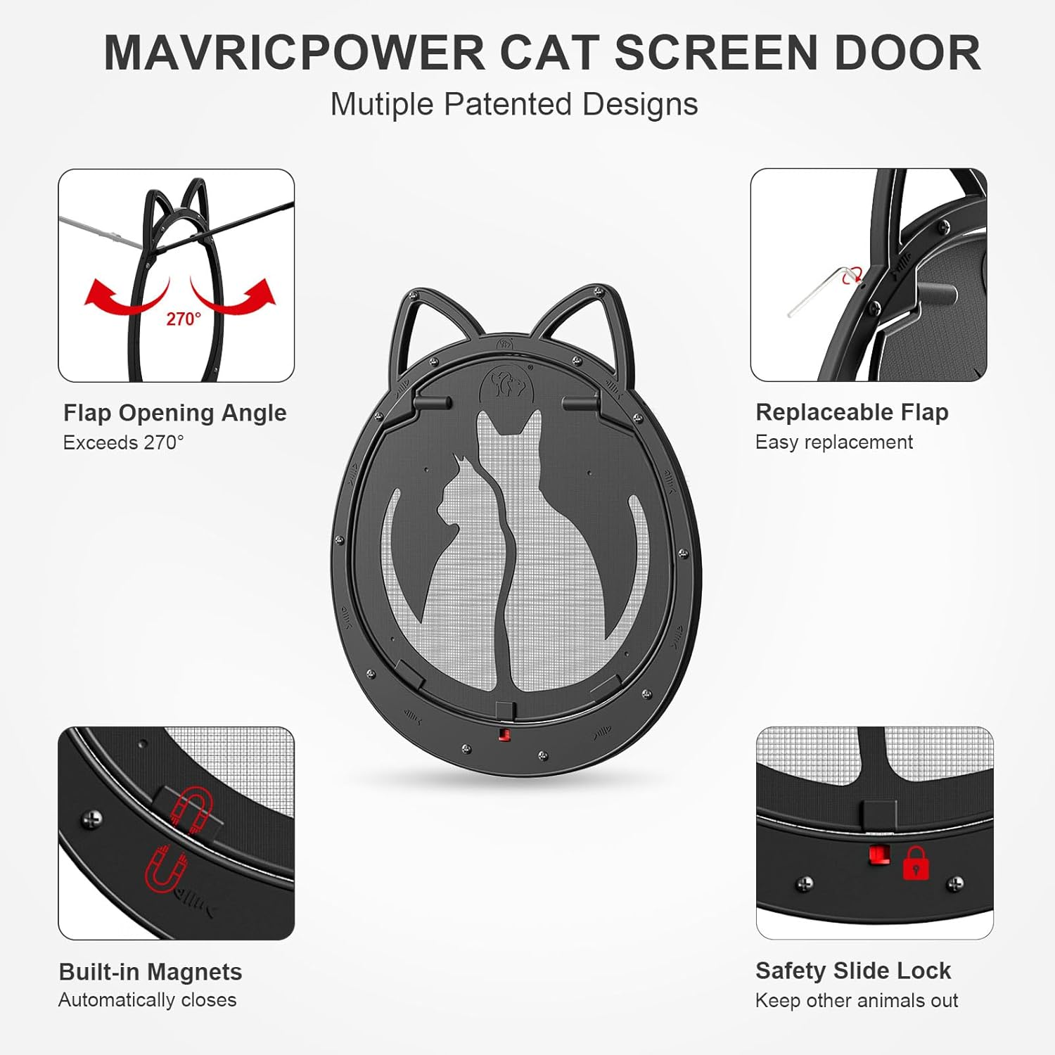 Cat Screen Door with Lockable Magnetic Flap, Cat Door for Screen Door, Insliding Opening 6.5X6.5 CM, Patend Desigh Cat Door up to 10 KG, Black image number 5