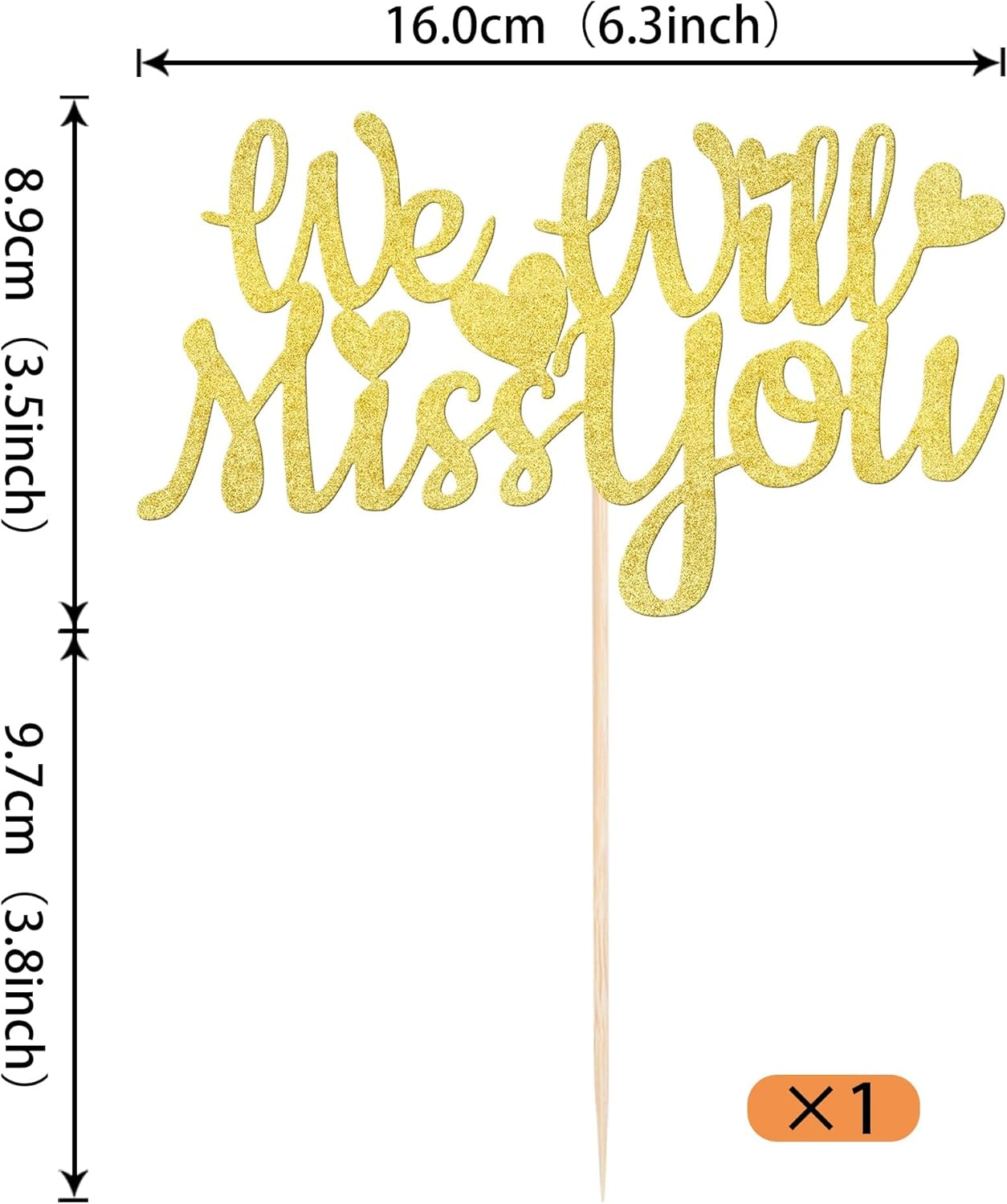 SYKYCTCY 1 Pack We Will Miss You Cake Topper Glitter Love Heart Good Luck Cake Pick Retirement Theme Going Away Party Cake Decorations Gold image number 6